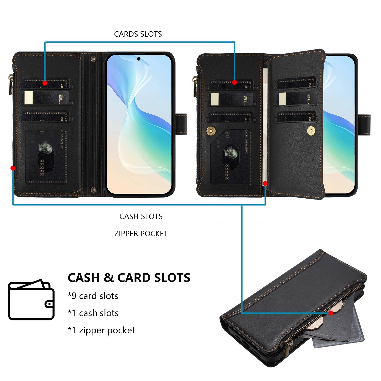 CARDS SLOTS 2016 88888  
: BL 9 81 MAGIC .  
2016 020 88888 9 9 ACK MASIC a BL i CASH SLOTS ZIPPER POCKET  
CASH & CARD SLOTS  
*9 card slots  
*1 cash slots  
*1 zipper pocket