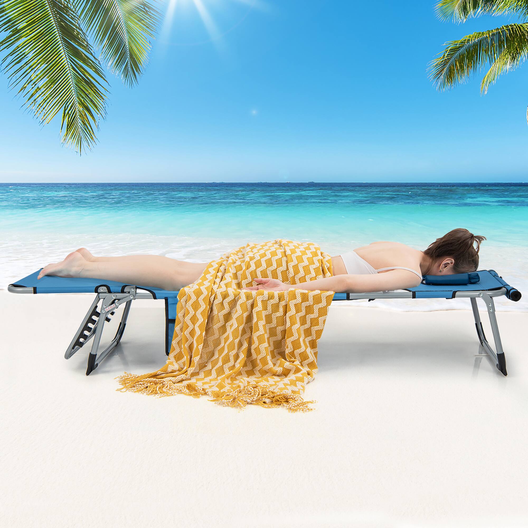 Alt View 1. Gymax - Gymax Folding Chaise Lounge Chair Sunbathing Recliner w/ Face Hole & Removable Pillow - Beige, Blue.