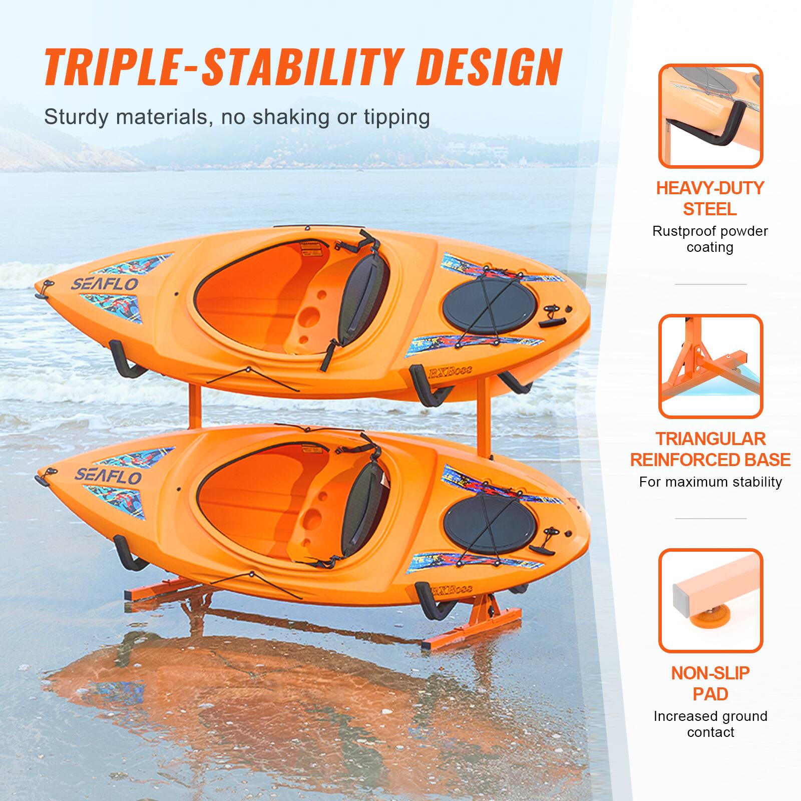 TRIPLE-STABILITY DESIGN  
Sturdy materials, no shaking or tipping  

HEAVY-DUTY STEEL  
Rustproof powder coating  

SEAFLO TRIANGULAR REINFORCED BASE  
For maximum stability  

NON-SLIP PAD  
Increased ground contact