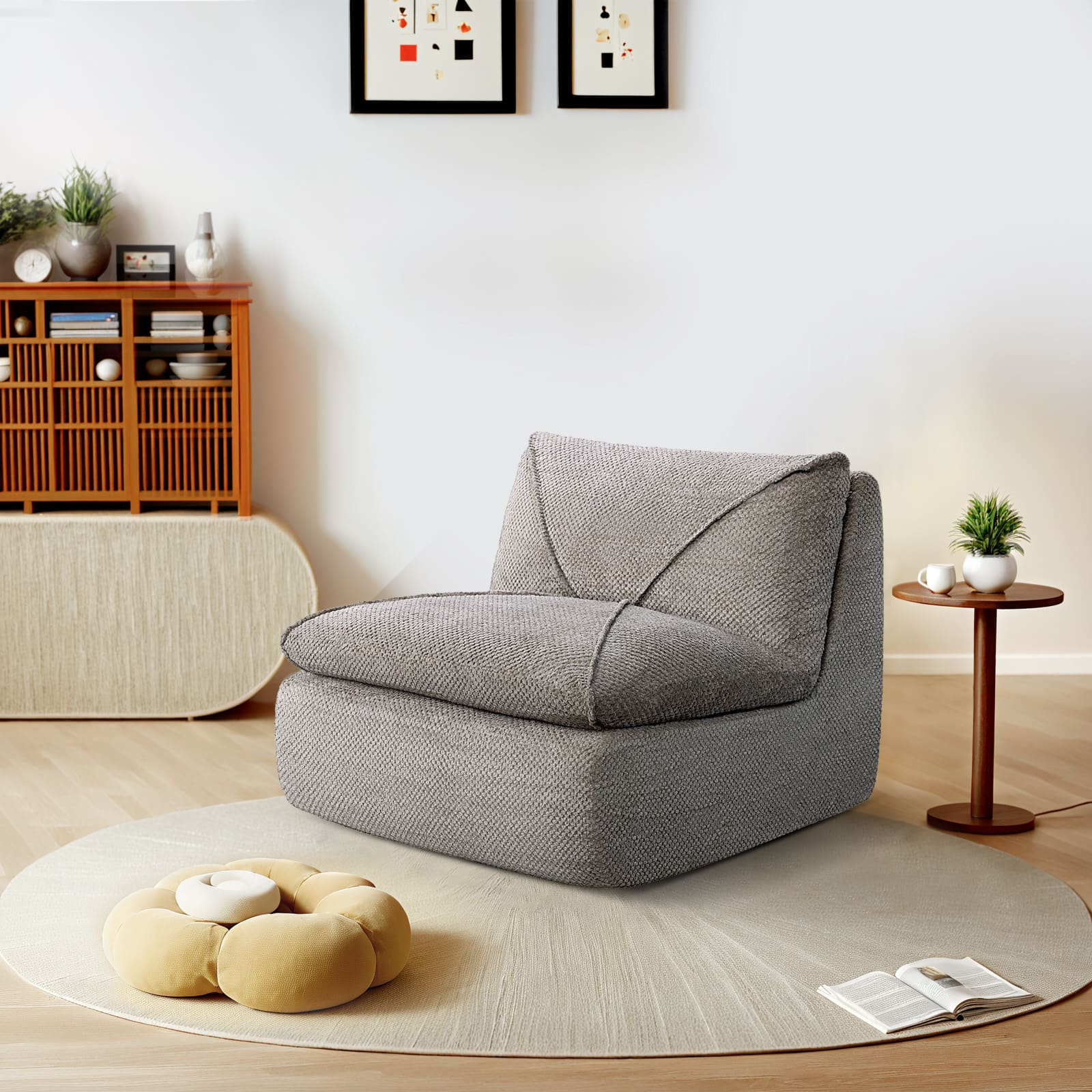 Front. KERDOM - 29'' W Armless Leisure Single Sofa, Cotton-linen Tufted Lazy Sofa Chair Ergonomic Bean Bag Sofa, Mini Sofa for Apartment - Grey.