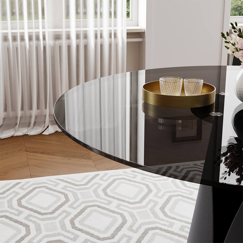 Alt View 1. POVISON - 47" Modern Black Round Dining Table For 4, Tempered Glass Tabletop,Carbon Steel Base - Gray Glass & Black Steel Base.