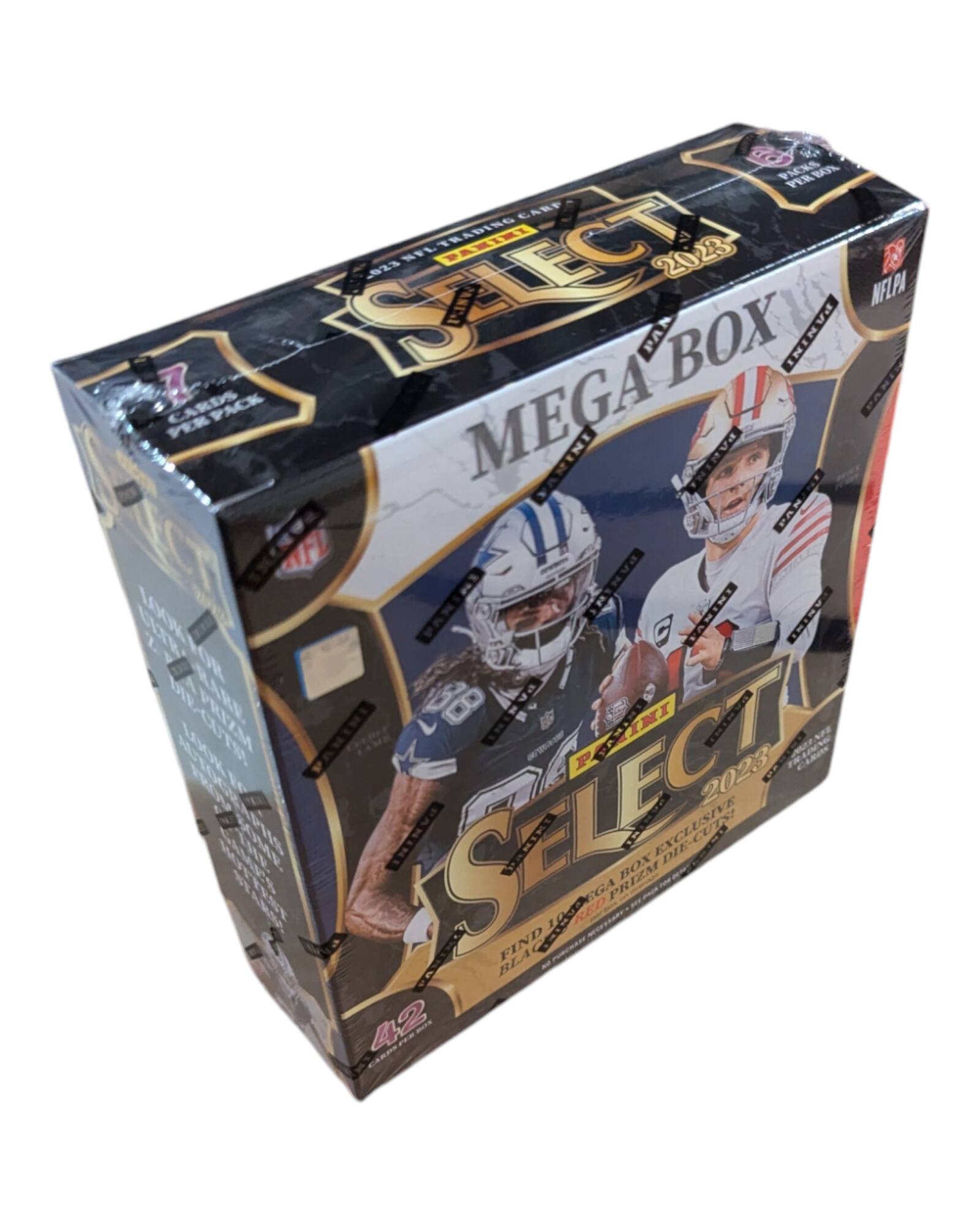 Sure, here is the corrected and grouped text:

---

**SELECT 2023**

**MEGA BOX**

**PACKS PER CASE: 208**

**PACKS PER BOX: 23**

**SELECT PAN BOX PANINI NELPA PA CARDS PACK**

**PANINI**

**MEGA FANINE**

**TST FL PANIN LOR CI PANINI FANINE**

**PREZM PANINI - RAMINI**

**SELECT 2023**

**AVAILABILITY**

**PANINI DIE-CUTS**

**PRIZM BOX**

**GA LMSAGA RED**

**FIND BLA 42 CASP**

**NFLPA**

**42 CARDS PER PACK**

**100% MEGA BOX EXCLUSIVE**

**FIND RED PRIZE DIE-CUT**

**PACKS PER CASE: 208**

**PACKS PER BOX: 23**

**SELECT PAN BOX PANINI NELPA PA CARDS PACK**

**PANINI**

**MEGA FANINE**

**TST FL PANIN LOR CI PANINI FANINE**

**PREZM PANINI - RAMINI**

**SELECT 2023**

