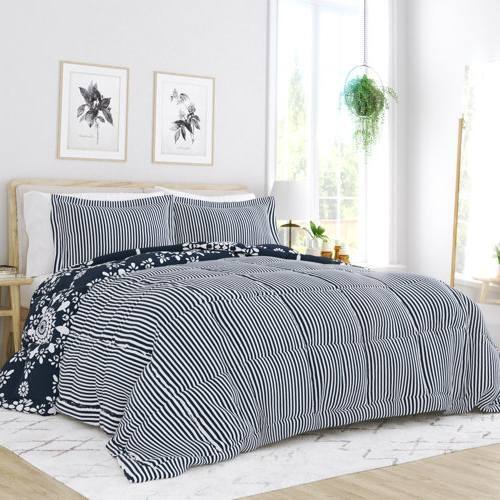 Angle. Hivvago - King size 3-Piece Navy Blue White Reversible Floral Striped Comforter Set - Navy.