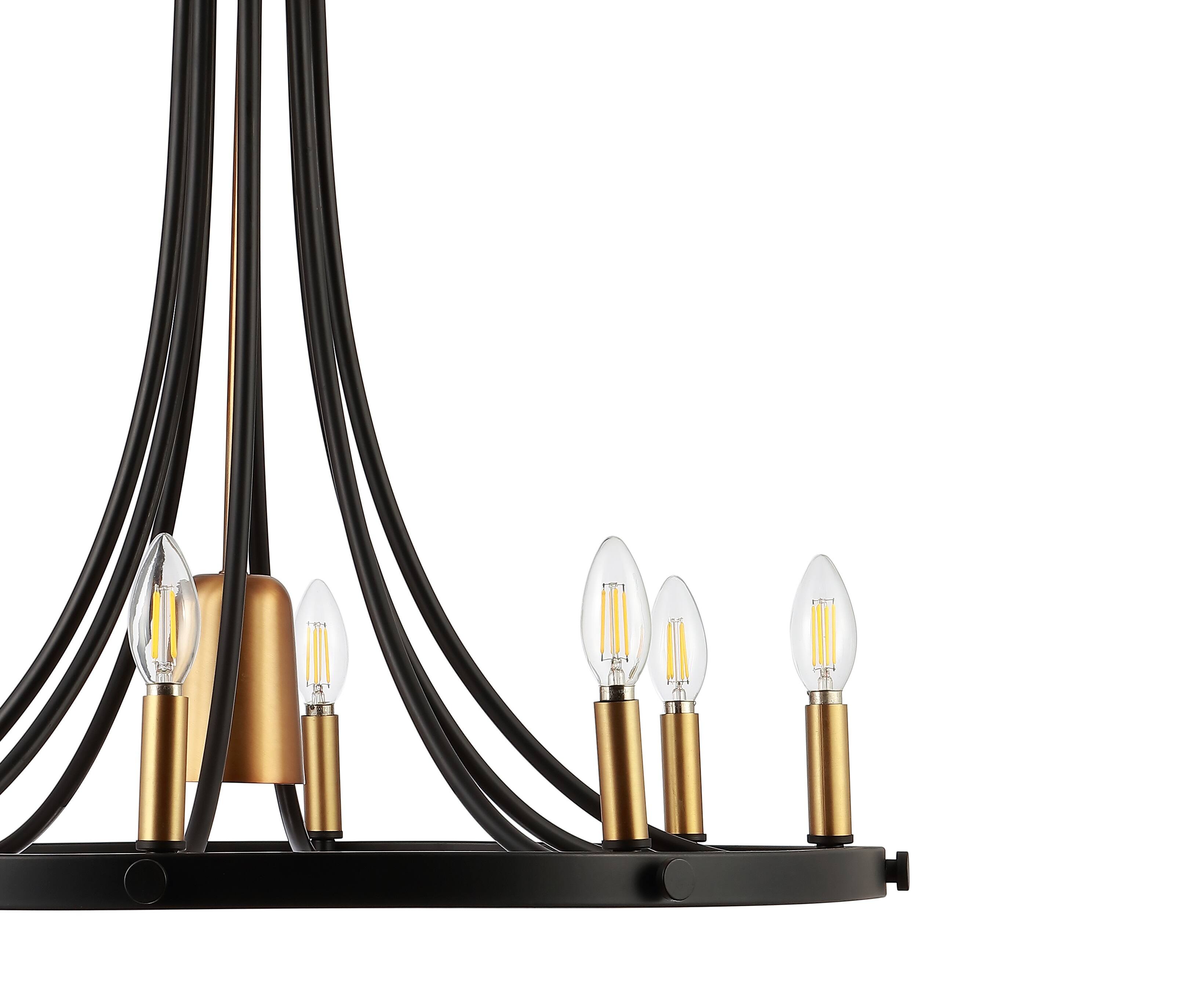 Alt View 5. Jonathan Y - Dante 26.75" 9-Light Transitional Modern Iron Adjustable Wagon Wheel LED Chandelier with Downlight, Black/Brass Gold - Black/Brass Gold.