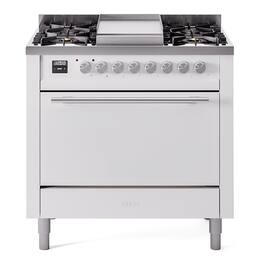 ILVE - Professional Plus II Series 36 in. Dual Fuel Range with 6 Sealed Burners + Griddle (Liquid Propane, Satin Trim) - White