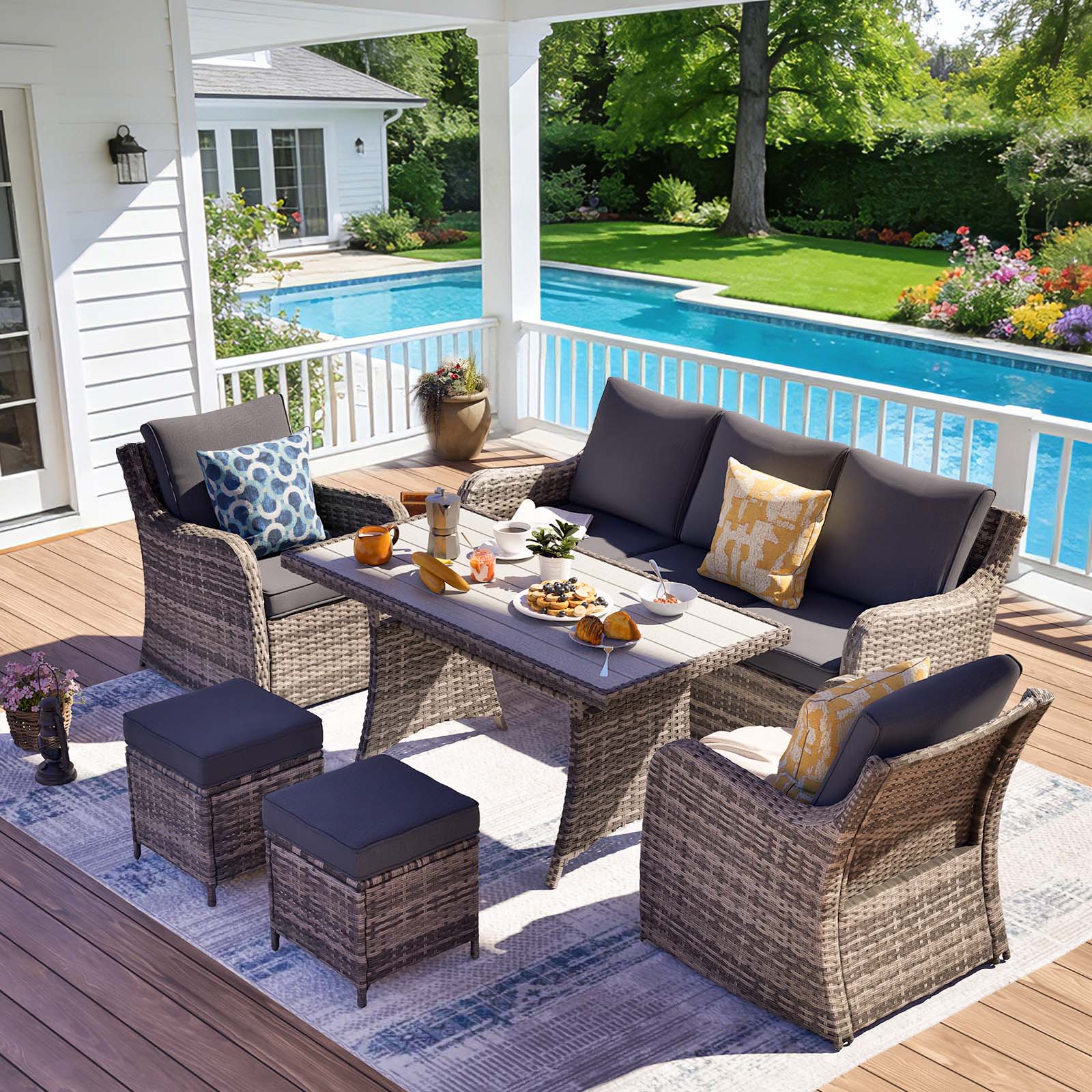 Angle. Yardgrace - 6-Piece Patio Conversation Set: 2 Rocker Chairs, Sofa, 2 Ottomans & Coffee Table, Outdoor Sectional. - Grey.
