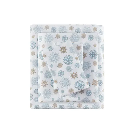 Front. Gracie Mills - Gracie Mills Persephone Cotton Flannel Sheet Set - Tan/Blue Snowflakes.