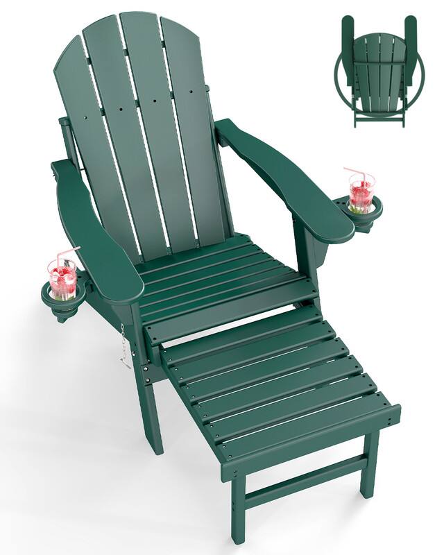 Front. FODINGHILL - Folding Adirondack Chair with Retractable Ottoman, HDPE All-Weather Construction & Cup Holders - Forest.