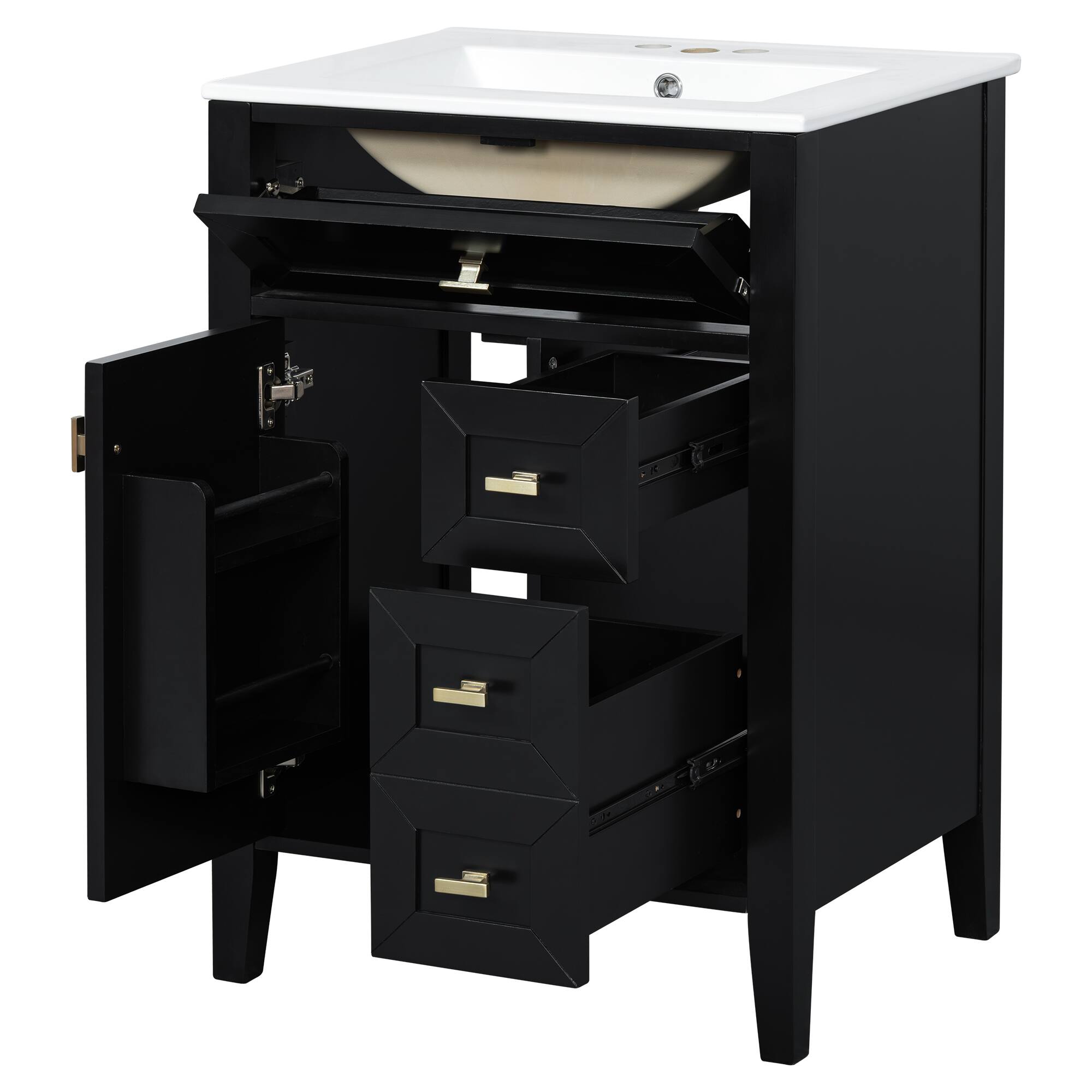 Alt View 1. Whisen - 24-Inch Freestanding Bathroom Vanity with Ceramic Sink, 3 Drawers & 2 Door Storage Rack - Black.