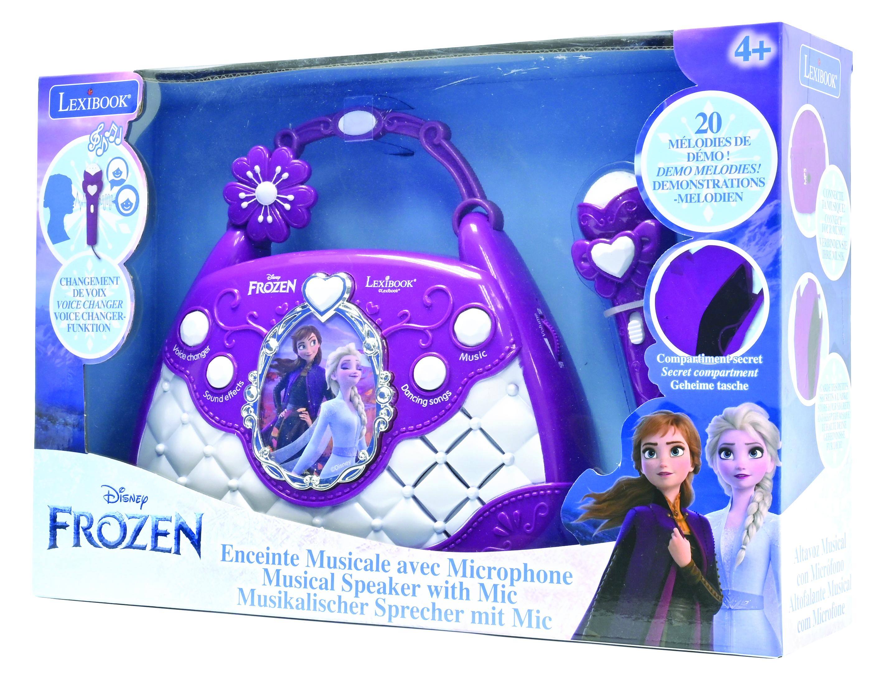 LEXIBOOK 4+  
LEUBOK 20 MLODIES DE DMO ! DEMO MELODIES! DEMONSTRATIONS  
- MELODIEN  
DANC KICE V30NE CHANGEMENT DE VOIX VOICE CHANGER VOICE CHANGER- FUNKTION  
Dines FROZEN Volce changer  
Sound effects  
LEXIBOOK na Music Dancing songs  
Compartiment'secret Secret compartment Geheime tasche  
EDisney Disney FROZEN  
Enceinte Musicale avec Microphone Musical Speaker with Mic  
Sprecher mit Mic  
Atroz Musical COn Microfono  
Altofalante Musical com Microfone
