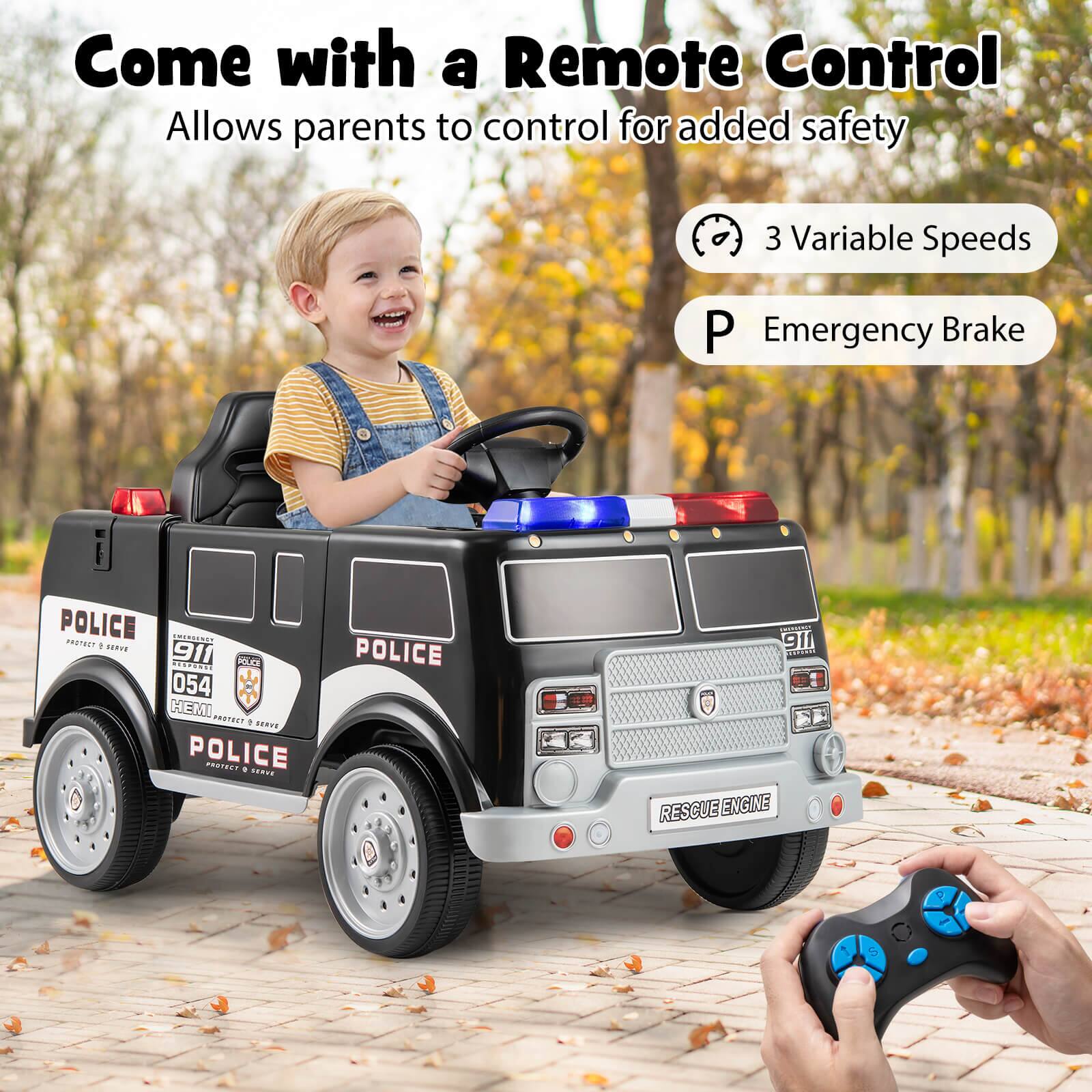 Come with a Remote Control  
Allows parents to control for added safety  

3 Variable Speeds  
Emergency Brake  

POLICE  
054  
RESCUE ENGINE