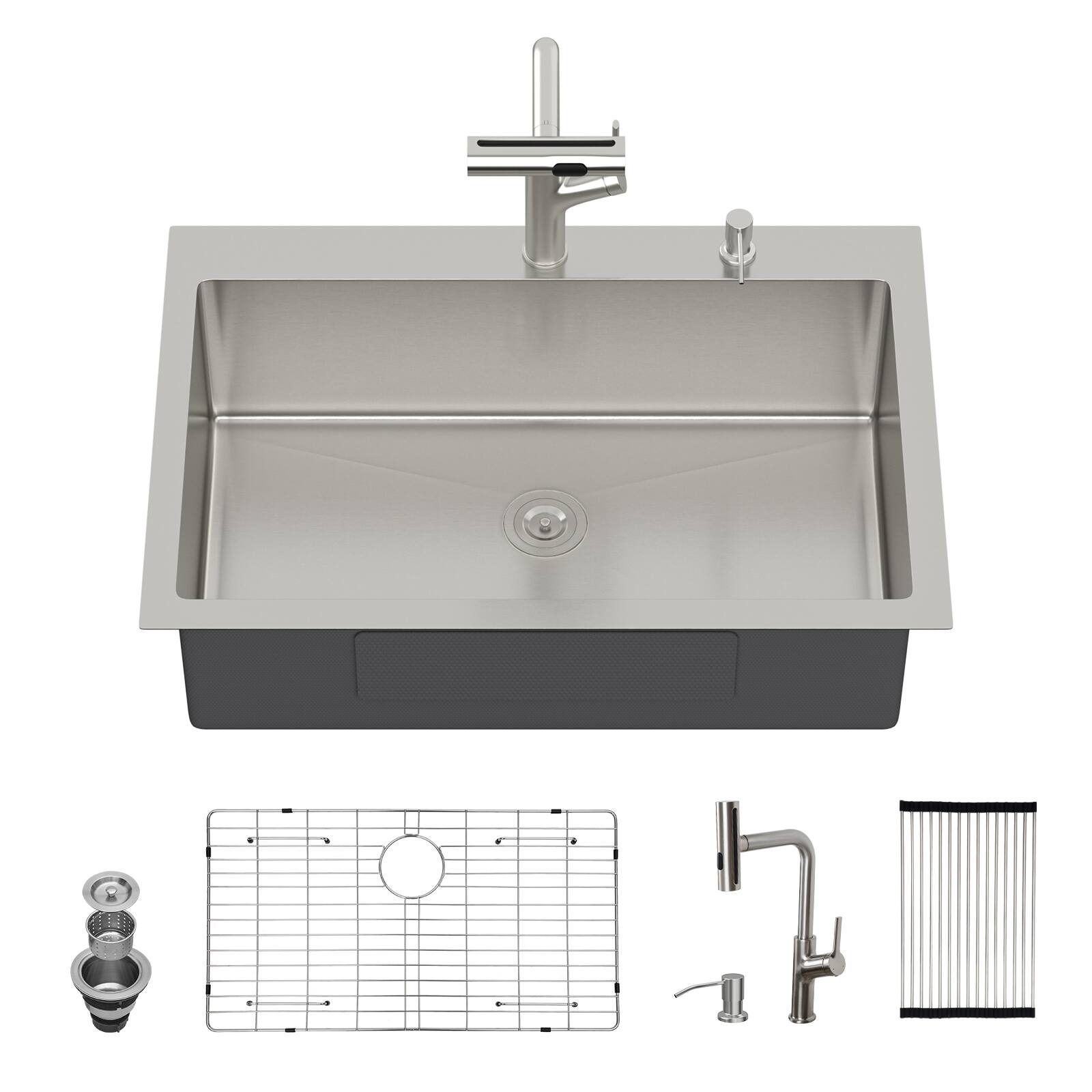 Alt View 8. Siljoy - 30" Drop-in Kitchen Sink with Pull-out Faucet and Soap Dispenser Single Bowl 16 Gauge Stainless Steel Topmount Basin - Brushed Nickel.