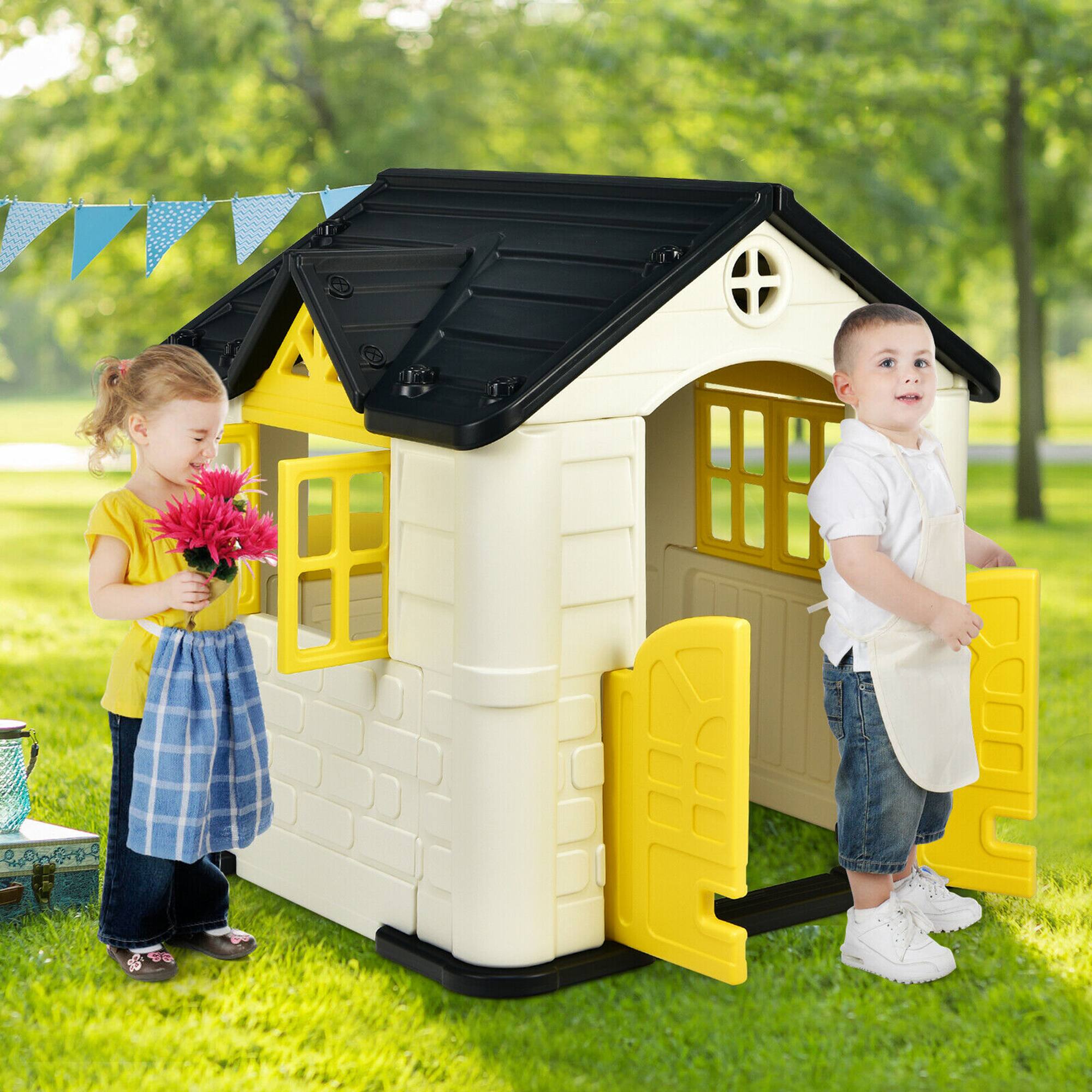 Alt View 3. Gymax - Gymax Kid's Playhouse Games Cottage w/ 7 PCS Toy Set & Waterproof Cover Yellow - Yellow.