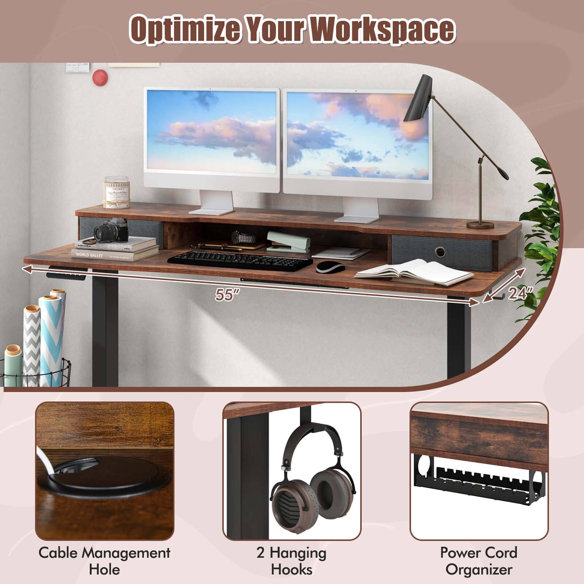 Optimize Your Workspace

- 55" x 24" Cable Management Hole
- 2 Hanging Hooks
- Power Cord Organizer