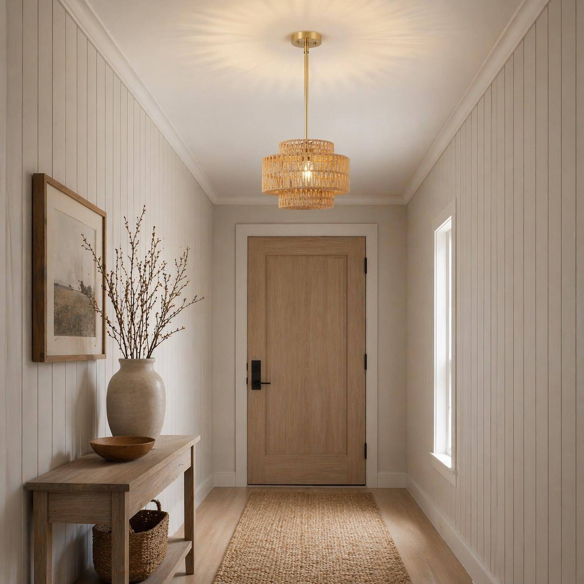 Back. RYHNUYNE - 12.6 Inch Boho Farmhouse Rustic Rattan Chandelier, 1-Light Hand Woven Pendant Light Natural Woven Hanging Lamp.