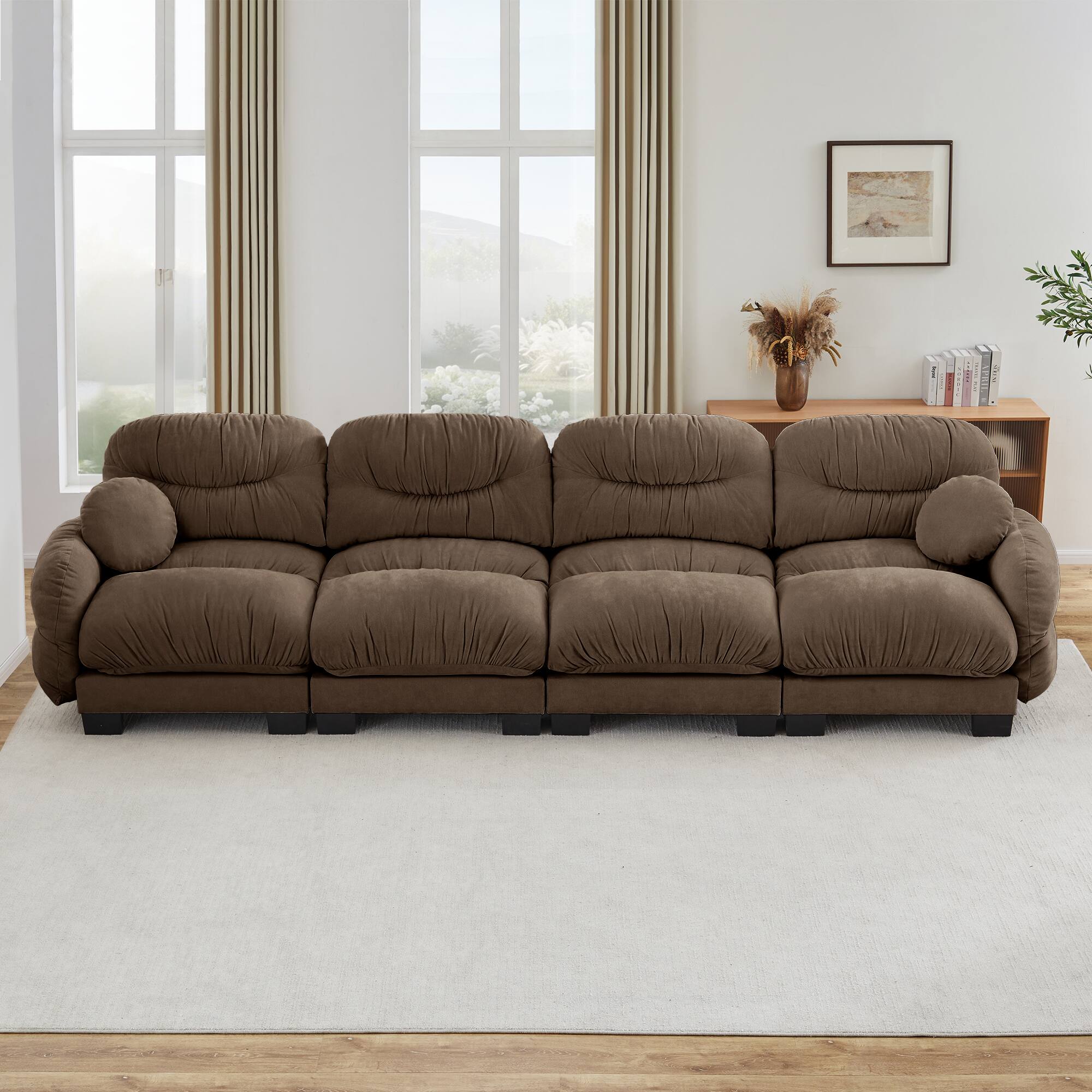 Left. Anysun - 4 Seater Modular Sofa with Chenille Fabric, High-Density Foam & Curved Armrests, Pleated Design for Living Room - Brown.