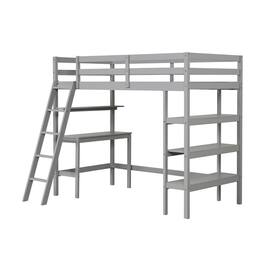Pefilos - Loft Bed Twin Size, Solid Wood Loft Bed with Desk and Bookshelves, Modern Wooden Bed Frame for Teens - Gray