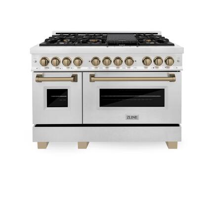 Front. ZLINE - ZLINE Autograph 48 in. Legacy Dual Fuel Range in Satin Steel & Bronze Accents (RASZ-SN-48-CB) - Satin Stainless Steel.