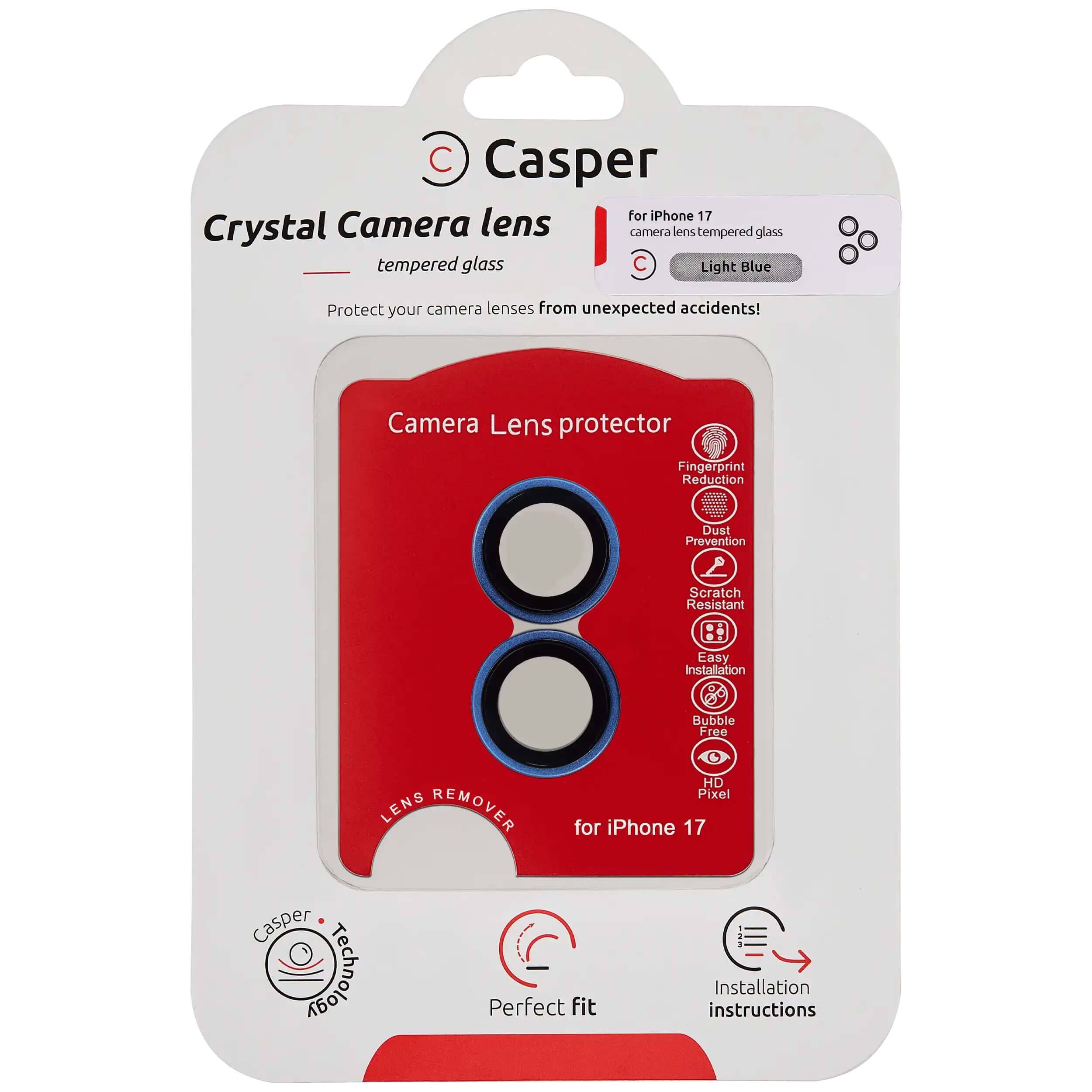 Casper  
Crystal Camera lens  
tempered glass  

For iPhone 17  
camera lens tempered glass  
Light Blue  

Protect your camera lenses from unexpected accidents!  

Camera Lens protector  
Fingerprint Reduction  
Dust Prevention  
Scratch Resistant  
Easy Installation  
Bubble Free  
HD Pixel  

for iPhone 17  

Perfect fit  
Installation instructions  

Casper Technology