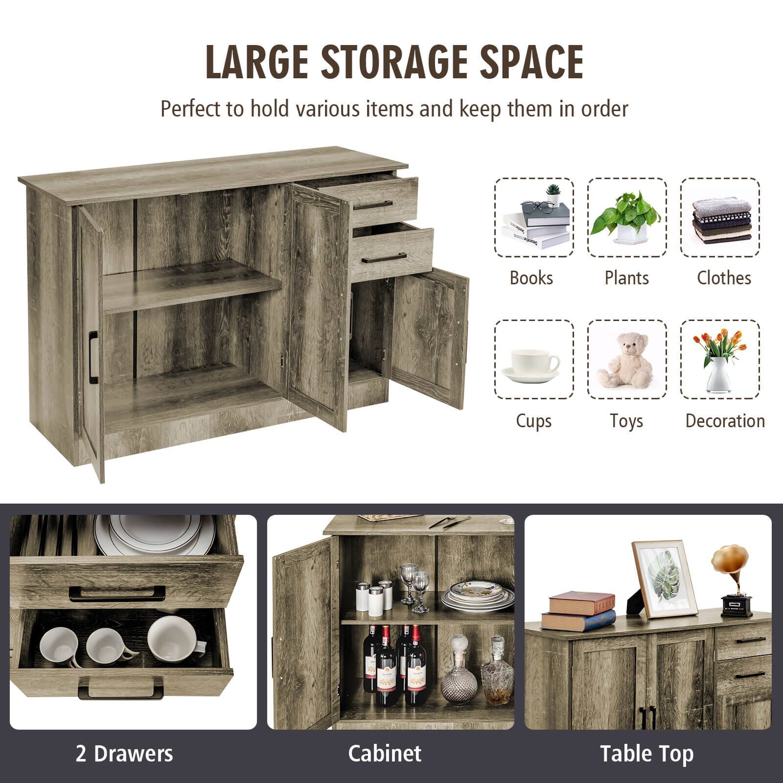 LARGE STORAGE SPACE  
Perfect to hold various items and keep them in order

- Books
- Plants
- Clothes
- Cups
- Toys
- Decoration

2 Drawers  
Cabinet  
Table Top