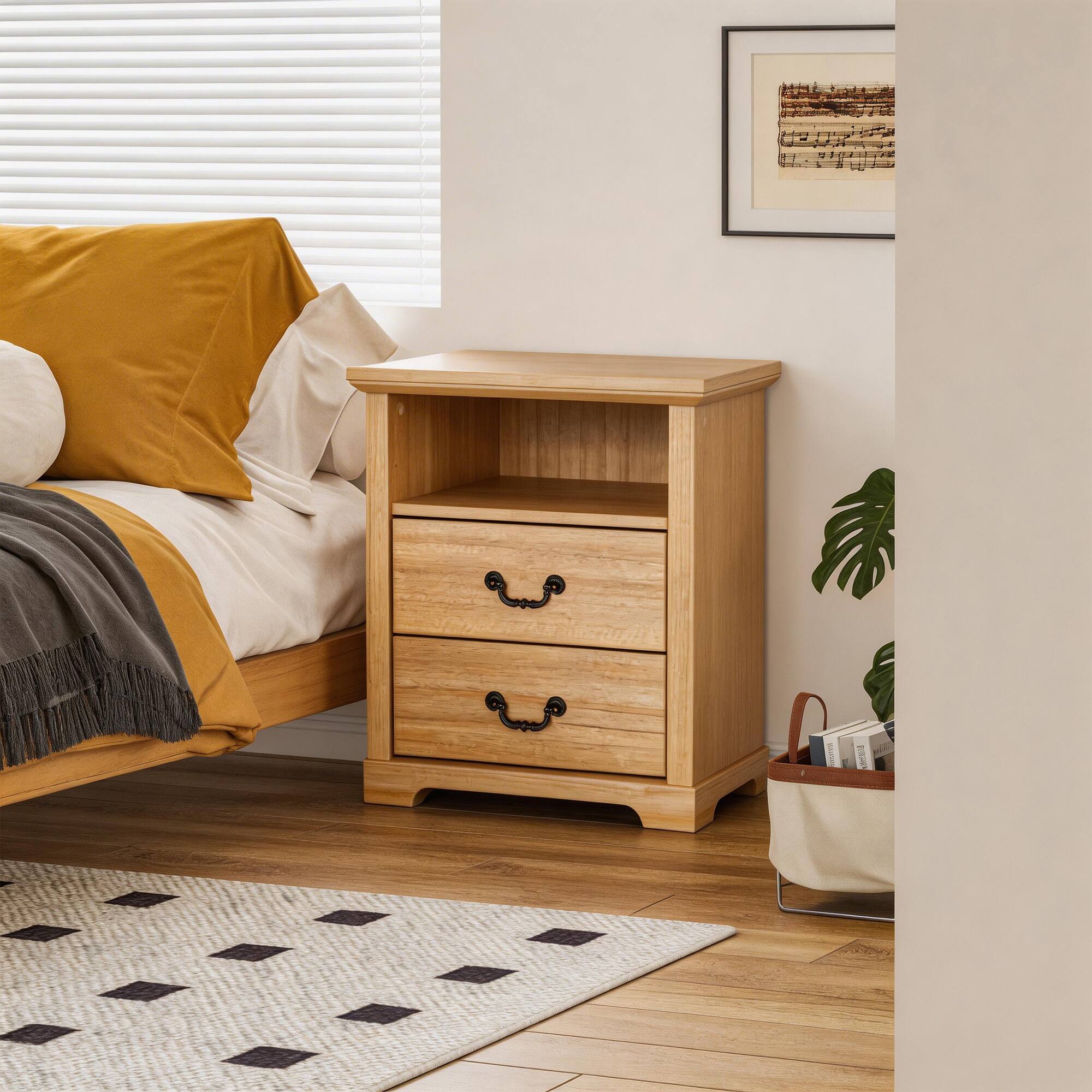Front. Vaczon - Rustic Natural Nightstand Bedside Table with Open Shelf and 2 Drawers - Natural.