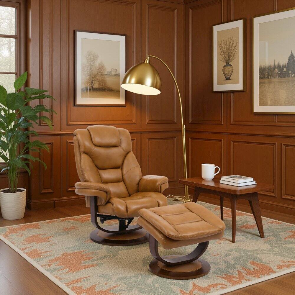 Alt View 1. Starlight Canyon Home - Brown Leather Lounge Chair with Ottoman – Modern Swivel Recliner TV Chair - Light Brown.