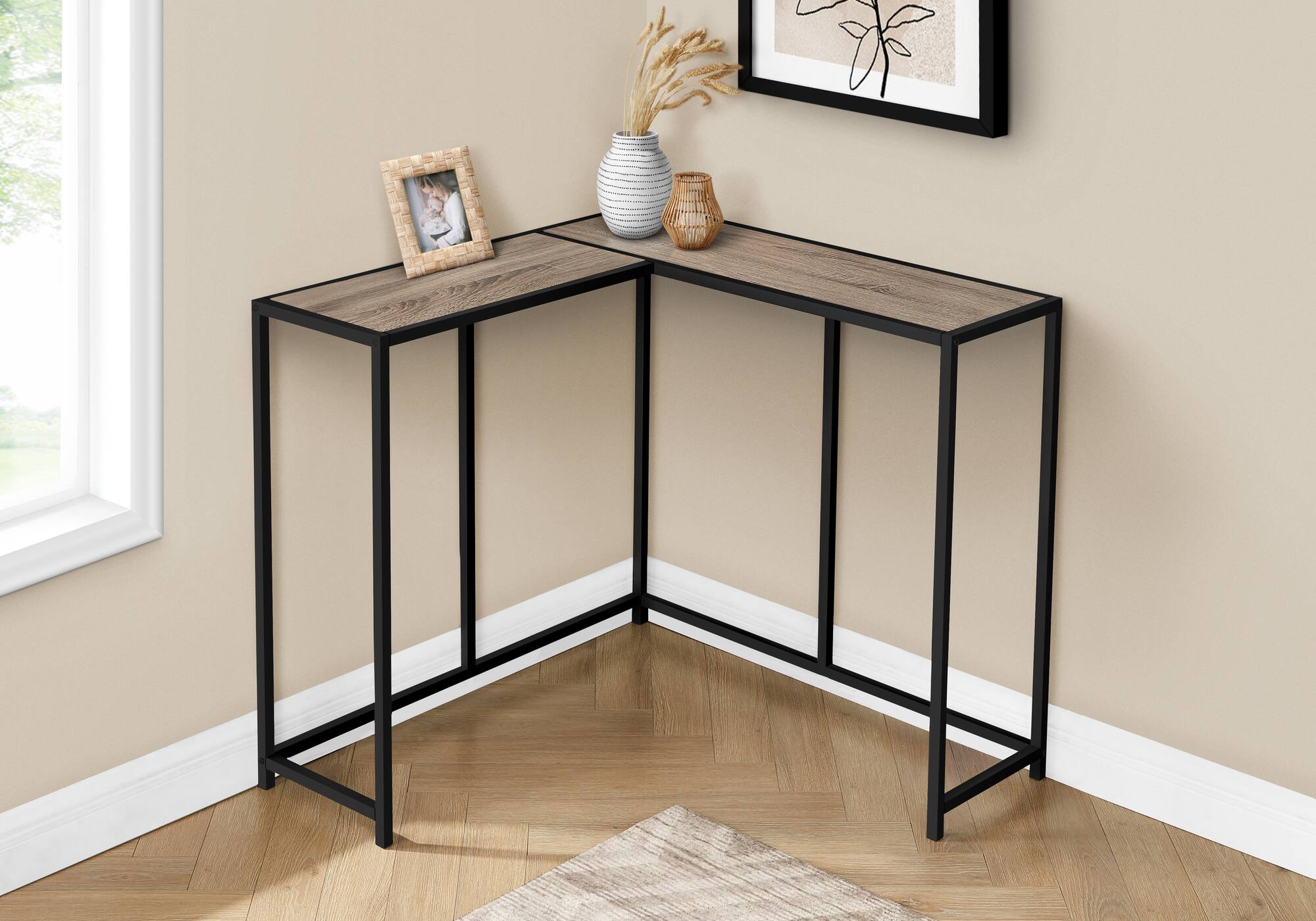 TinyHomie - Accent Table Console Entryway Narrow Corner Living Room Bedroom Brown Laminate Black Metal Contemporary Modern - taupe