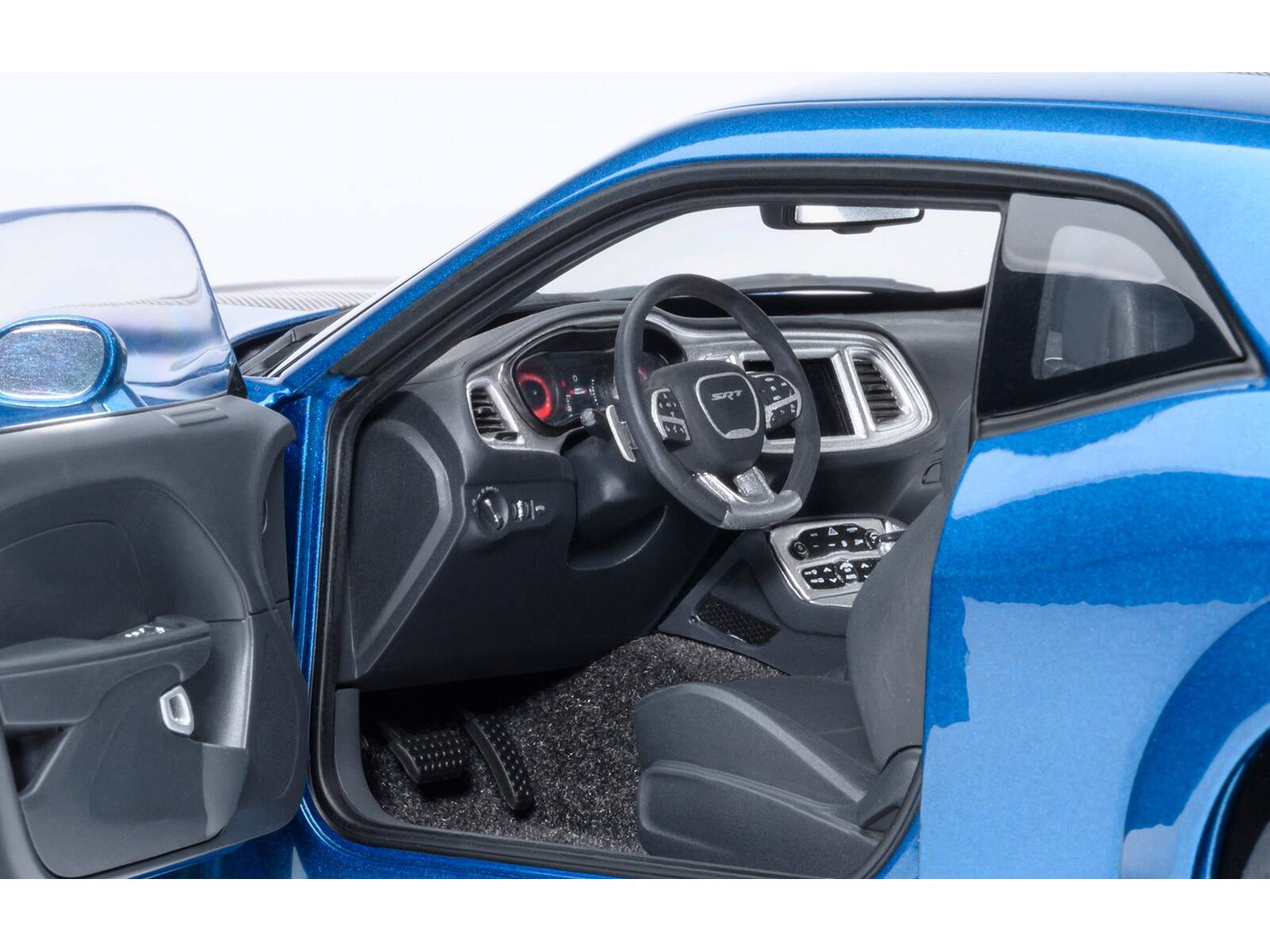 Alt View 3. Autoart - 2023 Dodge Challenger SRT Super Stock Frostbite Blue Metallic with Carbon Stripes 1/18 Model Car by Autoart.