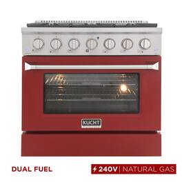 Kucht - 36" Dual Fuel Range for NG, 5.2 cu. ft., SS/Red Door, Sealed Burners, Convection Oven - Red