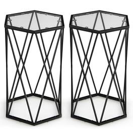Costway - Set of 2 End Table Tempered Glass Top Metal Frame Hexagonal Accent Side Table - Black