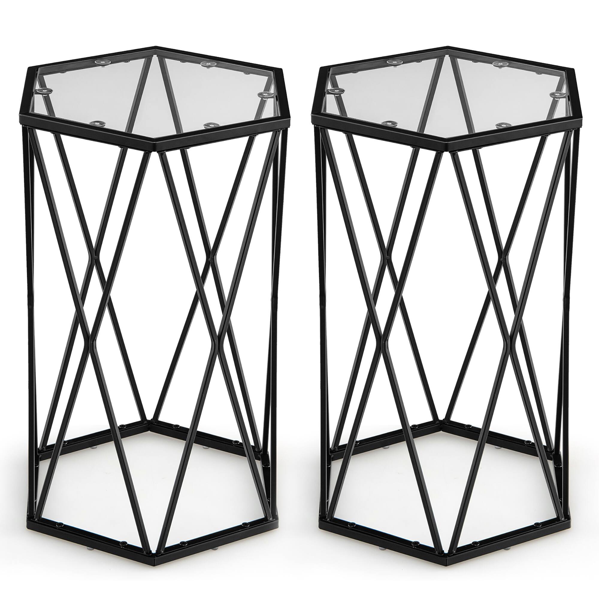 Front. Costway - Costway Set of 2 End Table Tempered Glass Top Metal Frame Hexagonal Accent Side Table - Black.