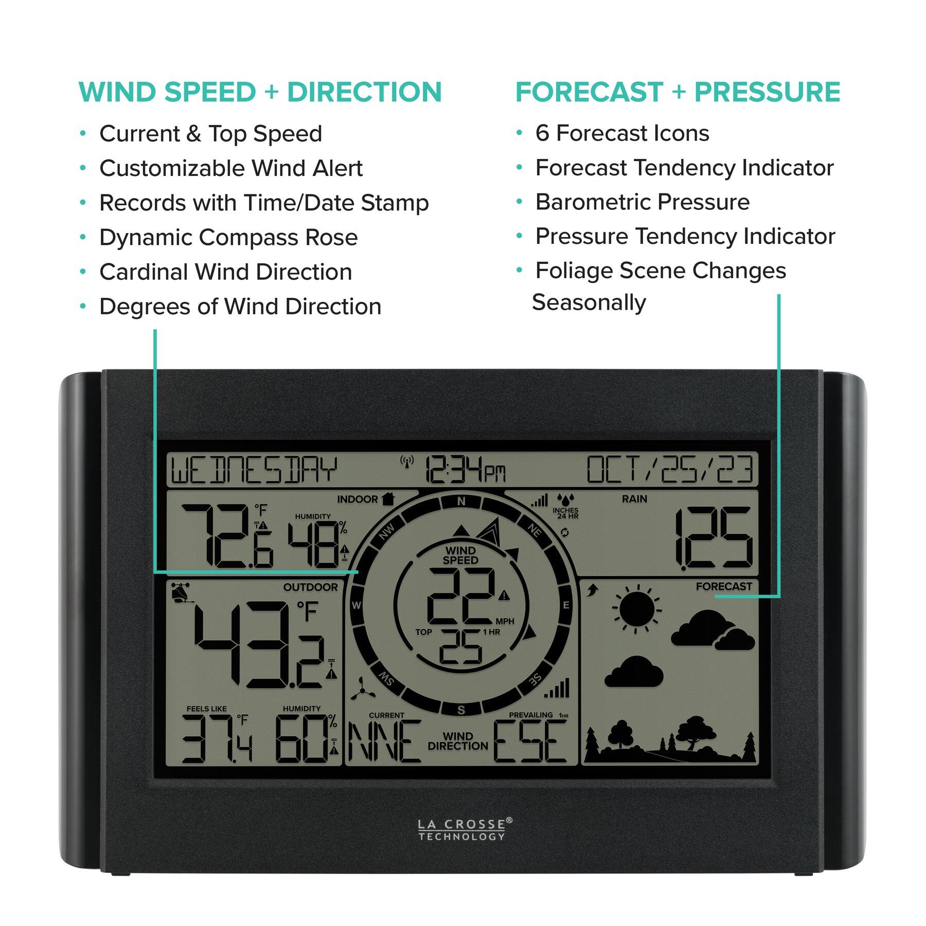 **WIND SPEED + DIRECTION**

- Current & Top Speed
- Customizable Wind Alert
- Records with Time/Date Stamp
- Dynamic Compass Rose
- Cardinal Wind Direction
- Degrees of Wind Direction

**FORECAST + PRESSURE**

- 6 Forecast Icons
- Forecast Tendency Indicator
- Barometric Pressure
- Pressure Tendency Indicator
- Foliage Scene Changes Seasonally

---

**WEDNESDAY**  
12:34 PM  
OCT/25/23  

**INDOOR**  
72.6°F  
48% HUMIDITY  

**OUTDOOR**  
43.2°F  
FEELS LIKE 37.4°F  
60% HUMIDITY  
CURRENT WIND DIRECTION: NNE  

**WIND SPEED**  
22 MPH  
TOP 25 MPH  

**FORECAST**  
RAIN  
125  

**PREVAILING WIND DIRECTION: ESE**  
BAROMETRIC PRESSURE: 29.56 IN