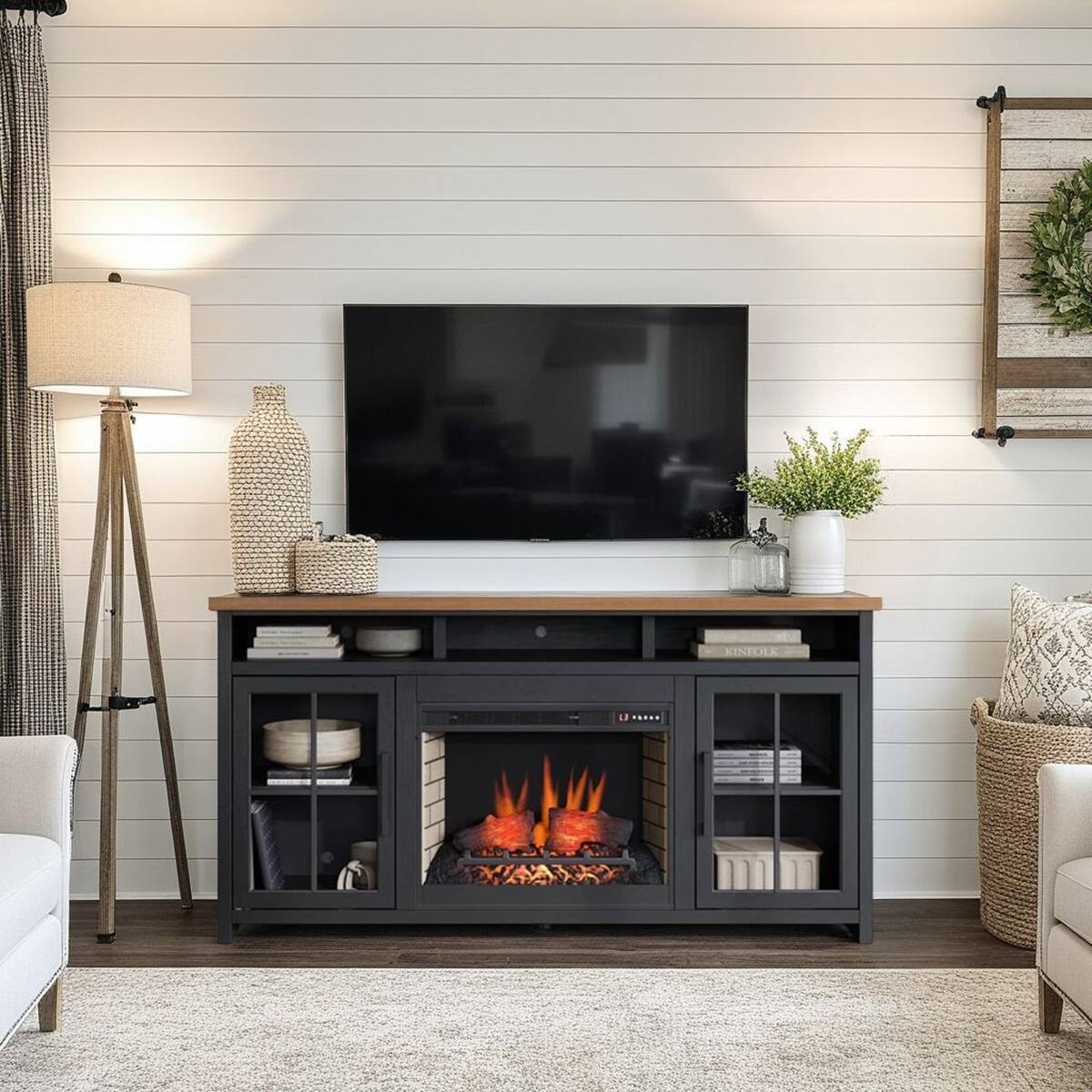 Back. Loheer - Loheer 74-Inch Farmhouse Fireplace TV Stand for 85 Inch TV with Glass Doors, Black - Black.