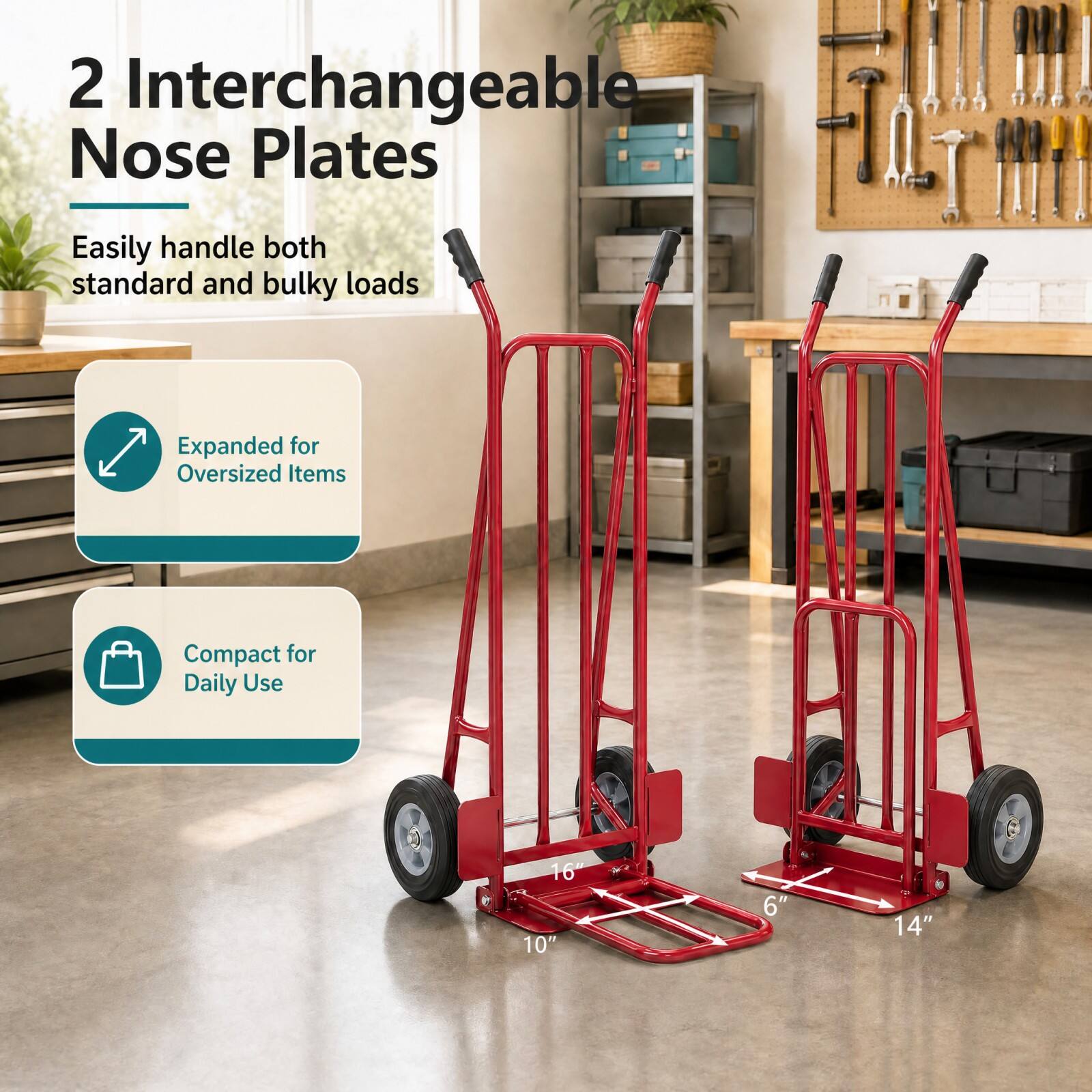 2 Interchangeable Nose Plates

Easily handle both standard and bulky loads

Expanded for Oversized Items

Compact for Daily Use

16" 10" 6" 14"
