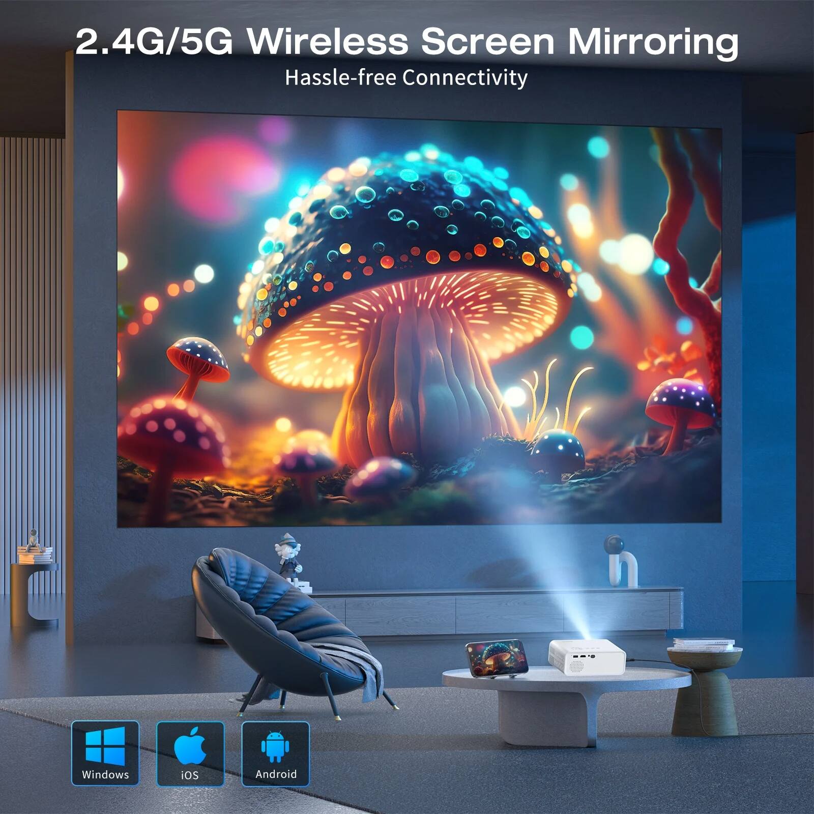 2.4G/5G Wireless Screen Mirroring  
Hassle-free Connectivity  

Windows  
iOS  
Android