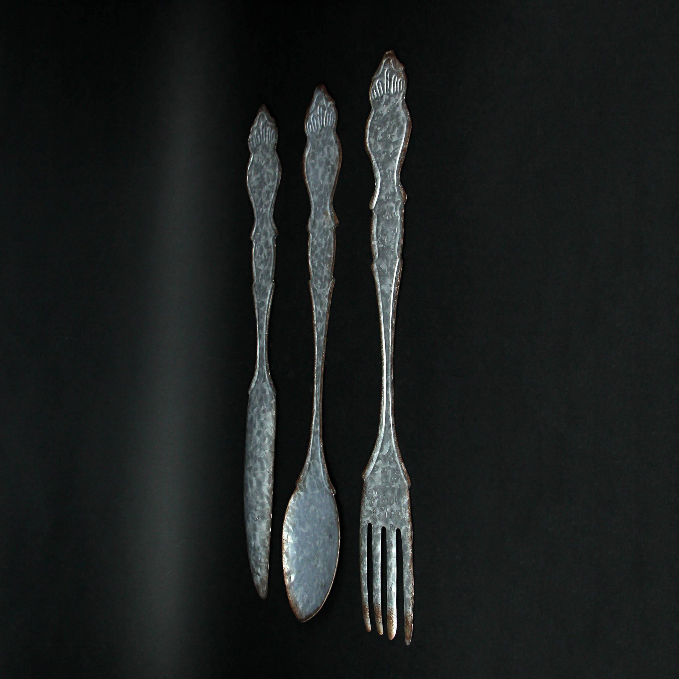 Alt View 9. Zeckos - Giant Galvanized Metal Fork Spoon Knife Farmhouse Kitchen Decor Wall Hanging Set - Gray.