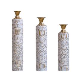 Boyel Living - Set of 3 Tall Metal Floor Vases with Embossed Scroll Pattern - White+Gold