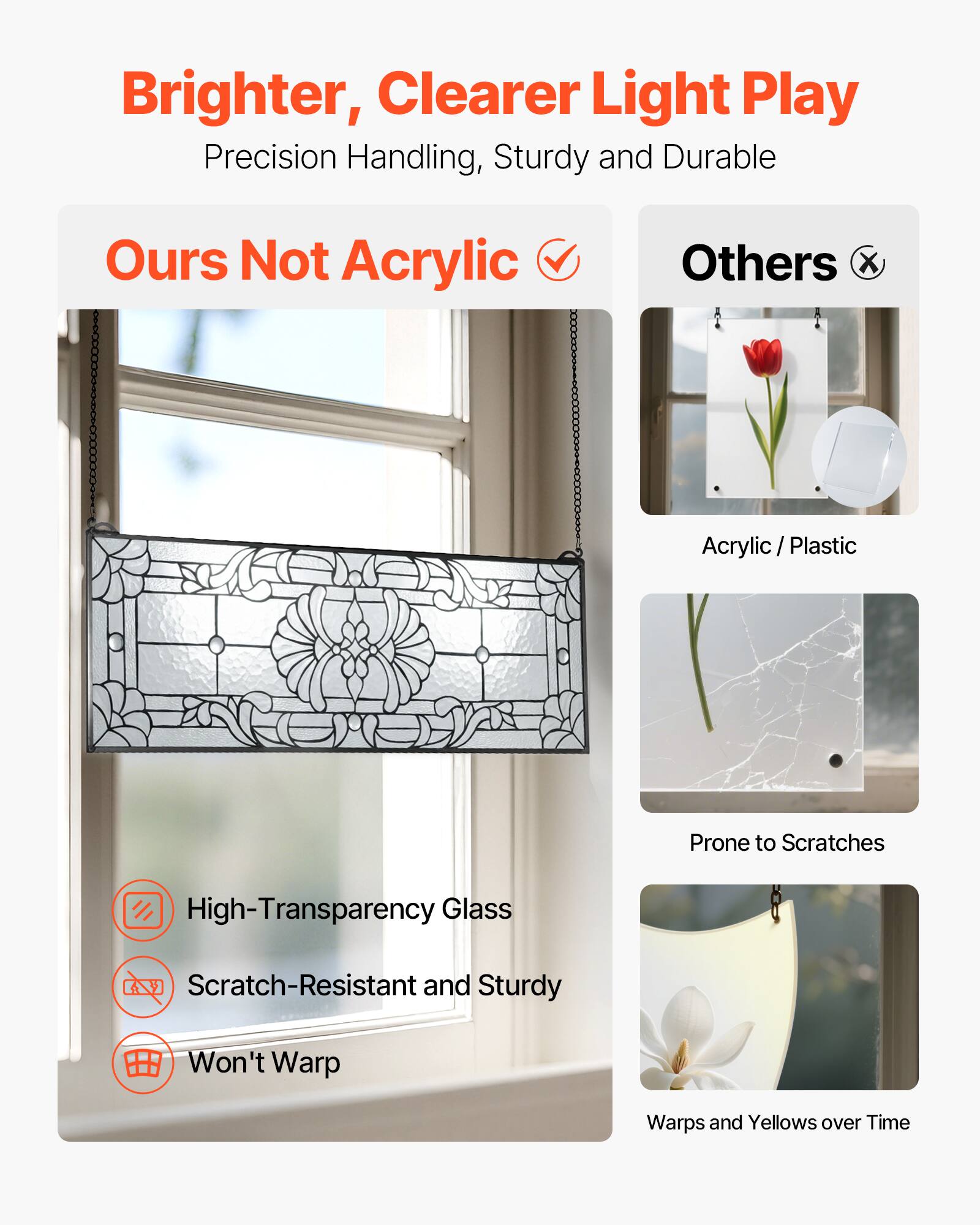 Brighter, Clearer Light Play  
Precision Handling, Sturdy and Durable  

Ours Not Acrylic  
High-Transparency Glass  
Scratch-Resistant and Sturdy  
Won't Warp  

Others  
Acrylic / Plastic  
Prone to Scratches  
Warps and Yellows over Time