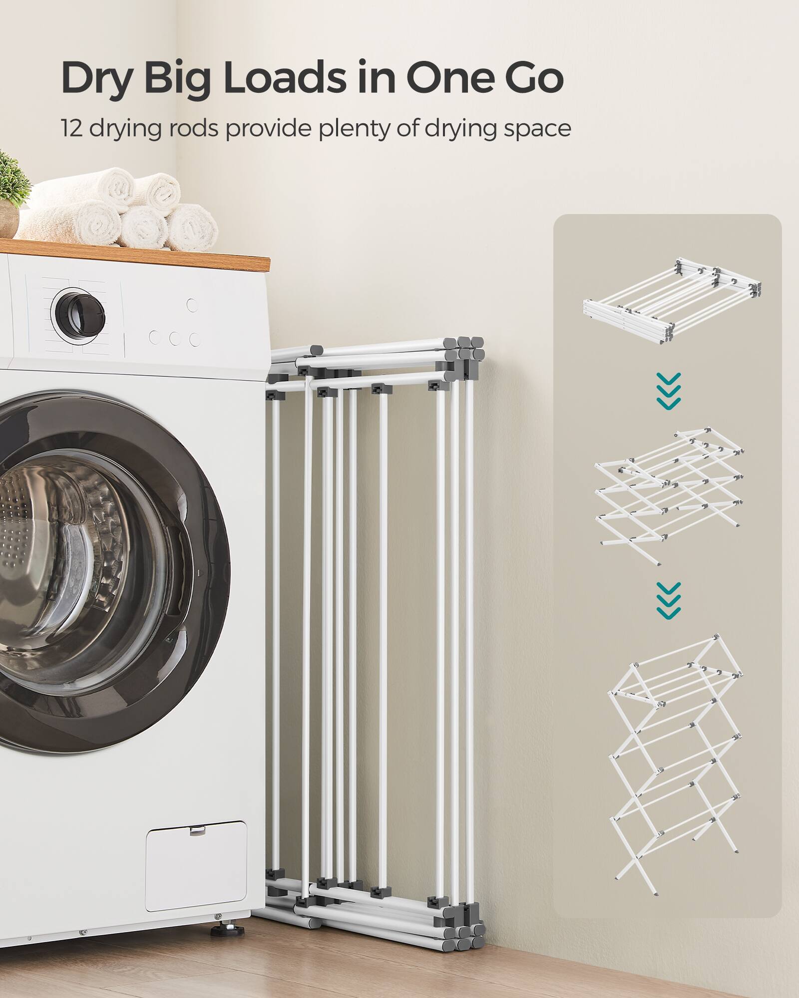 Dry Big Loads in One Go  
12 drying rods provide plenty of drying space
