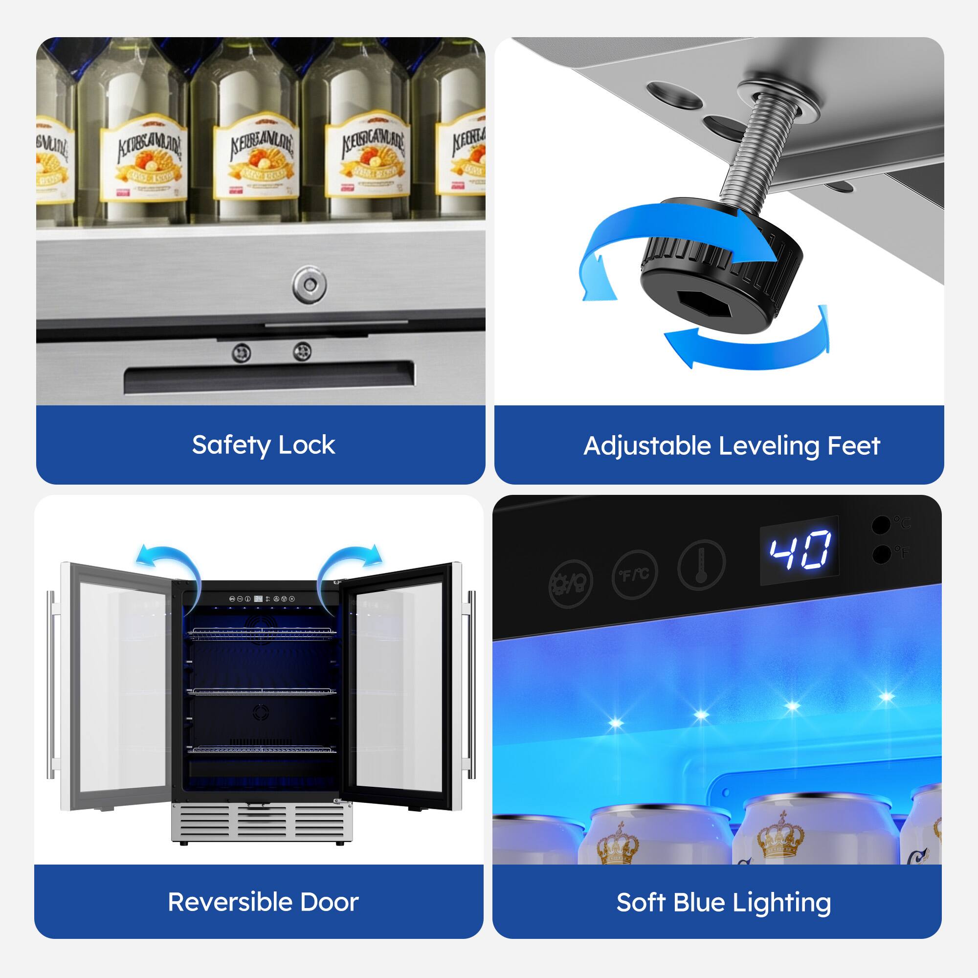 - Safety Lock
- Adjustable Leveling Feet
- Reversible Door
- Soft Blue Lighting