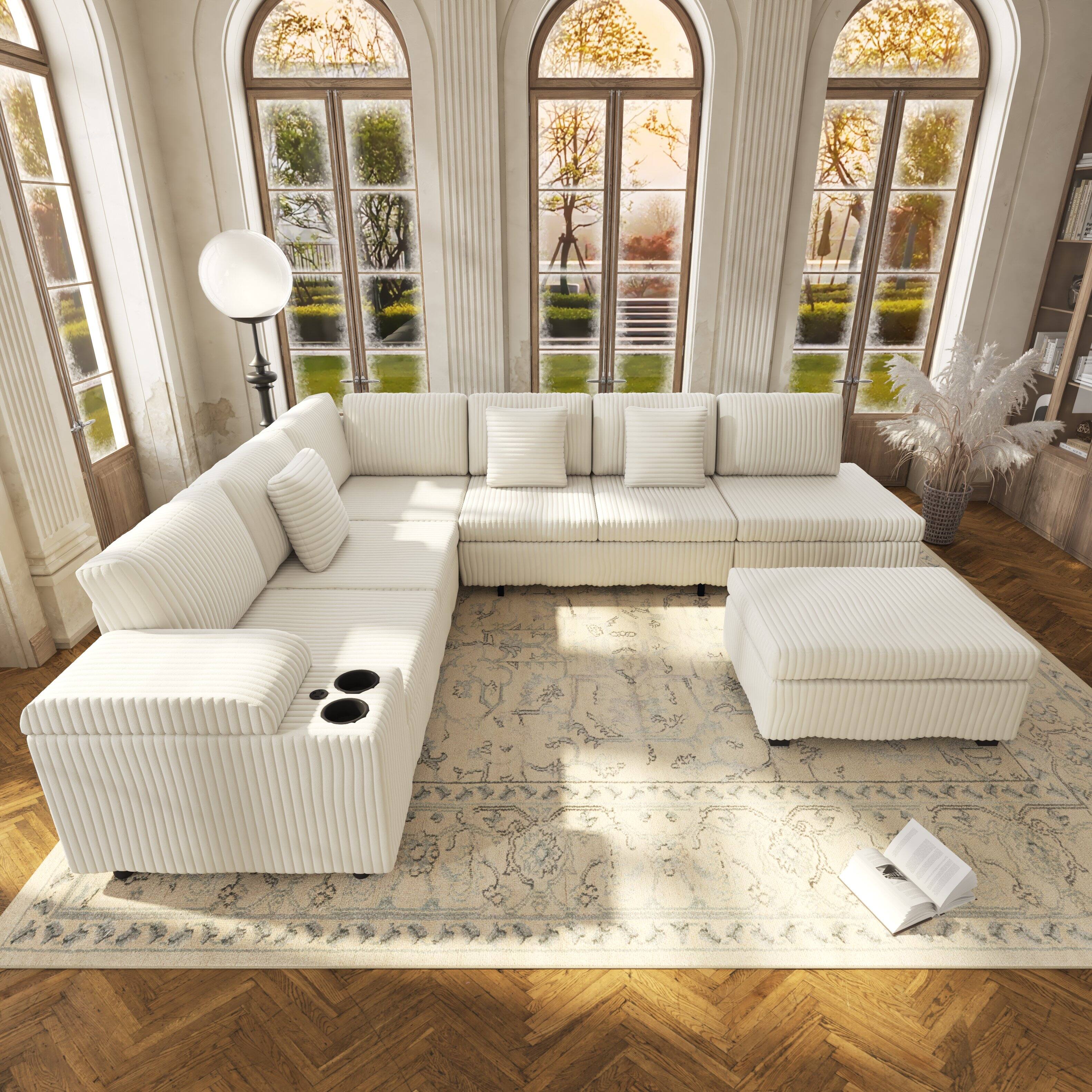 Angle. Anysun - 110.2" L-Shaped Convertible Corduroy Sectional Sofa Set with Removable Ottoman, Hidden Storage, USB Ports & Cup Holders - Beige.