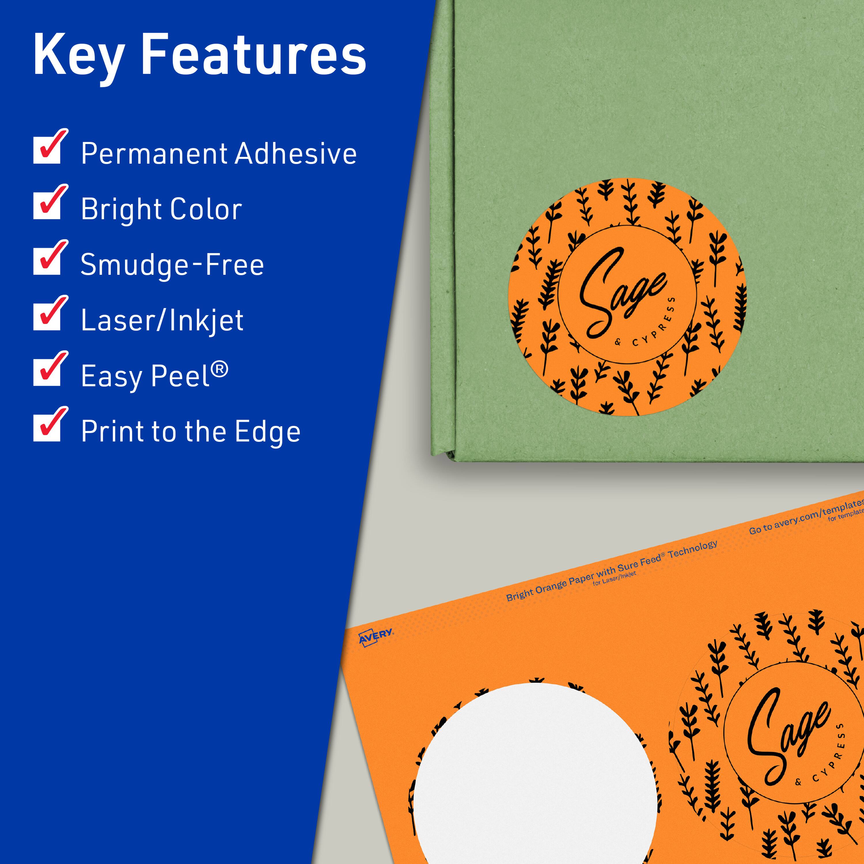 Key Features  
- Permanent Adhesive  
- Bright Color  
- Smudge-Free  
- Laser/Inkjet  
- Easy Peel®  
- Print to the Edge  

Sage & Cypress  

Avery.com/template  

Bright Orange Paper with Sure Feed® Technology  

Go to avery.com/templates for templates