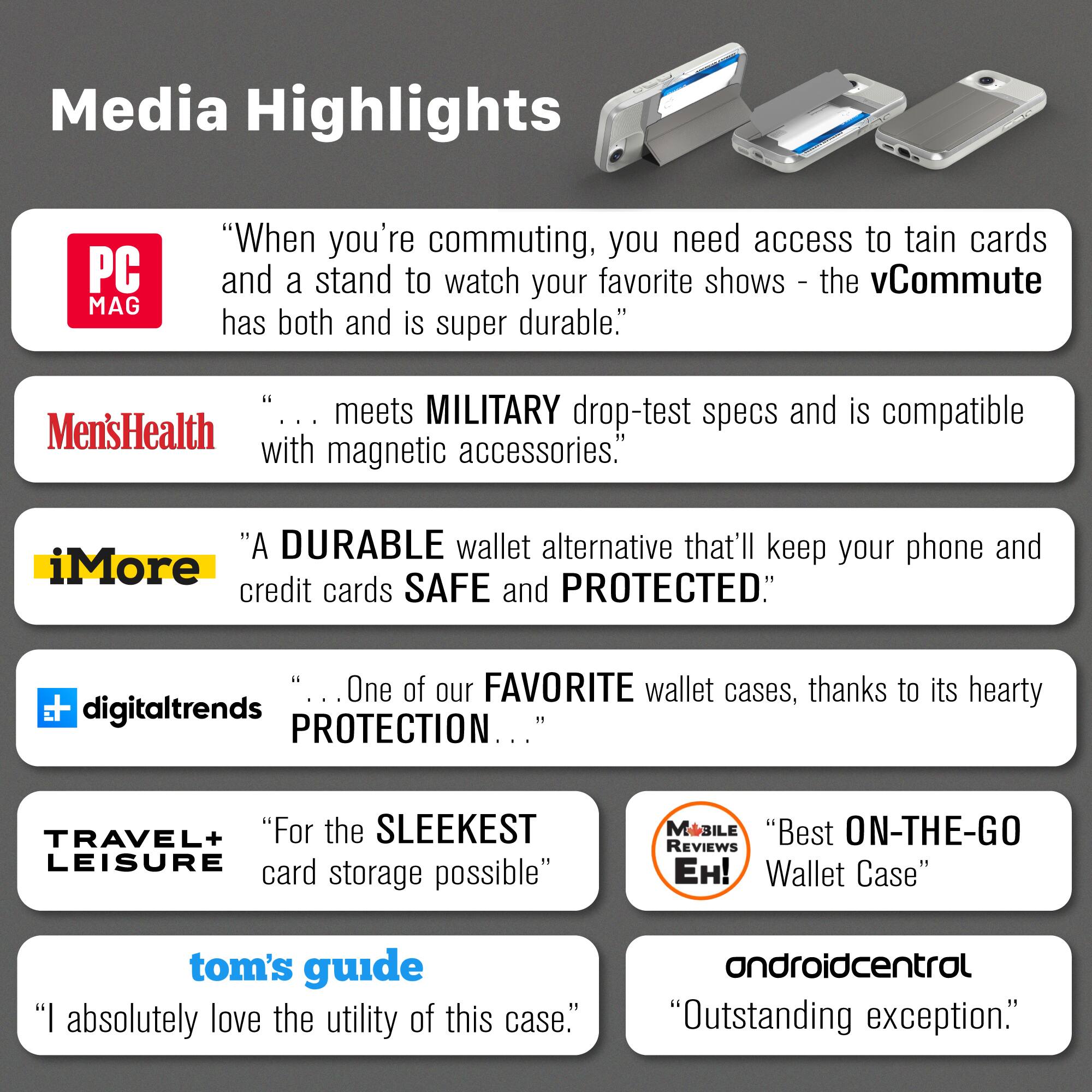 Media Highlights

PC MAG: "When you're commuting, you need access to train cards and a stand to watch your favorite shows - the vCommute has both and is super durable."

Men's Health: "... meets MILITARY drop-test specs and is compatible with magnetic accessories."

iMore: "A DURABLE wallet alternative that'll keep your phone and credit cards SAFE and PROTECTED."

digitaltrends: "... One of our FAVORITE wallet cases, thanks to its hearty PROTECTION..."

TRAVEL+ LEISURE: "For the SLEEKEST LEISURE card storage possible"

tom's guide: "I absolutely love the utility of this case."

MOBILE REVIEWS Eh!: "Best ON-THE-GO Wallet Case"

androidcentral: "Outstanding exception."