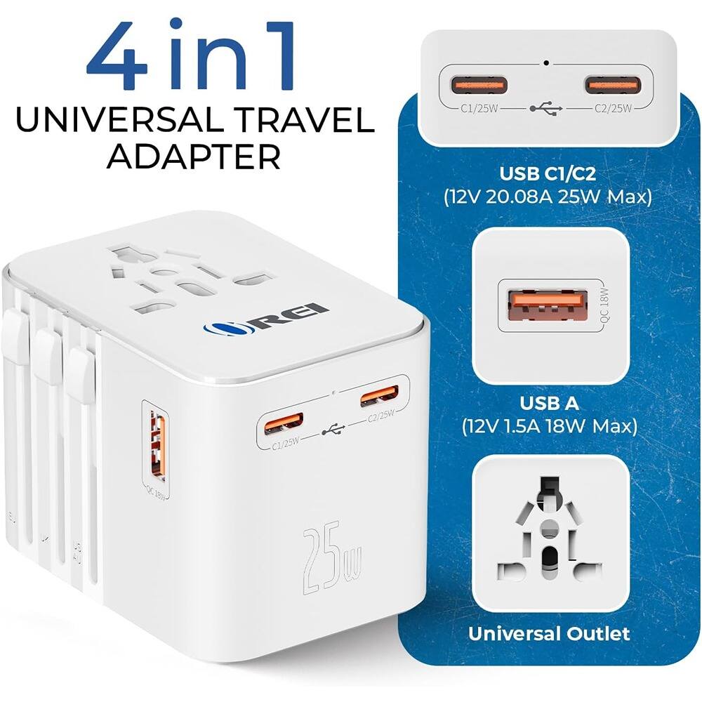 4 in 1 UNIVERSAL TRAVEL ADAPTER

- USB C1/C2 (12V 20.08A 25W Max)
- USB A (12V 1.5A 18W Max)
- Universal Outlet
- 25g