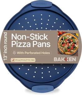 Bakken- Swiss - Bakken Round Pizza Pan – Perforated Carbon Steel, Non-Stick Marble Coating, Silicone Handle, Dishwasher Safe - Blue