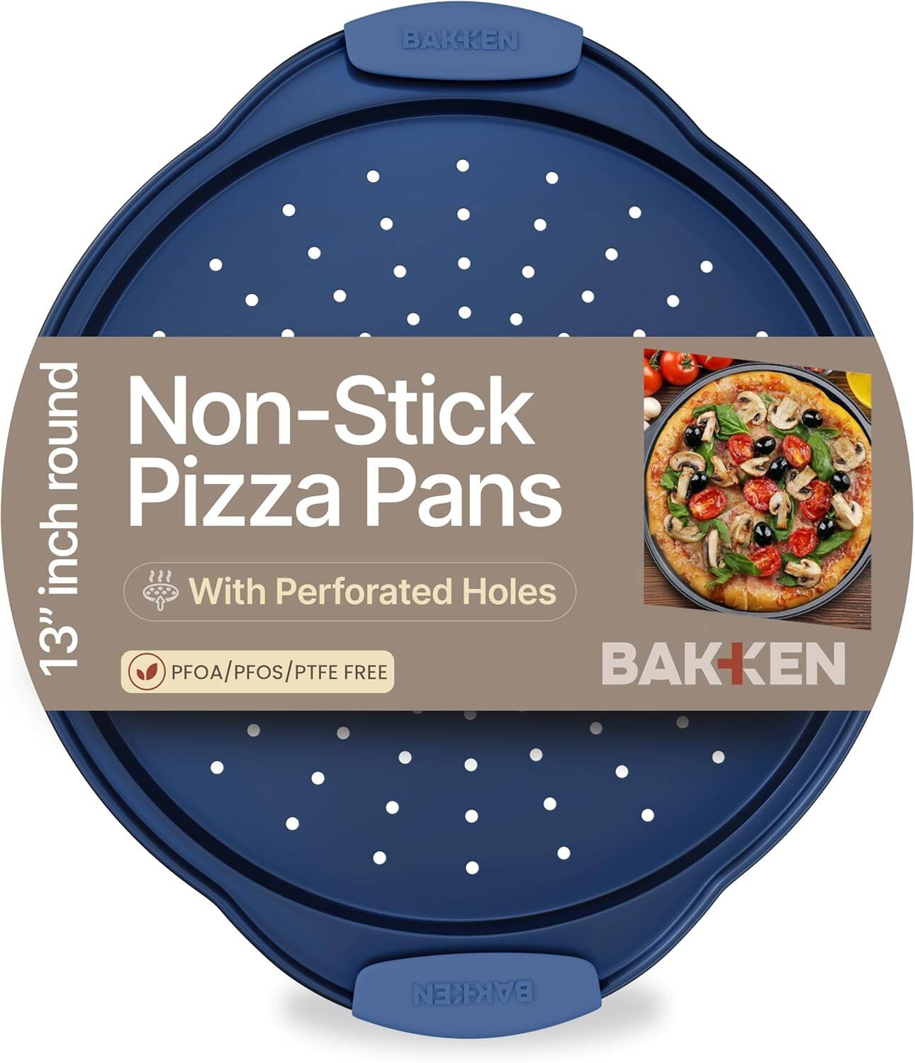 BAK-KEN round Non-Stick Pizza Pans 13" inch With Perforated Holes PFOA/PFOS/PTFE FREE BAKKEN