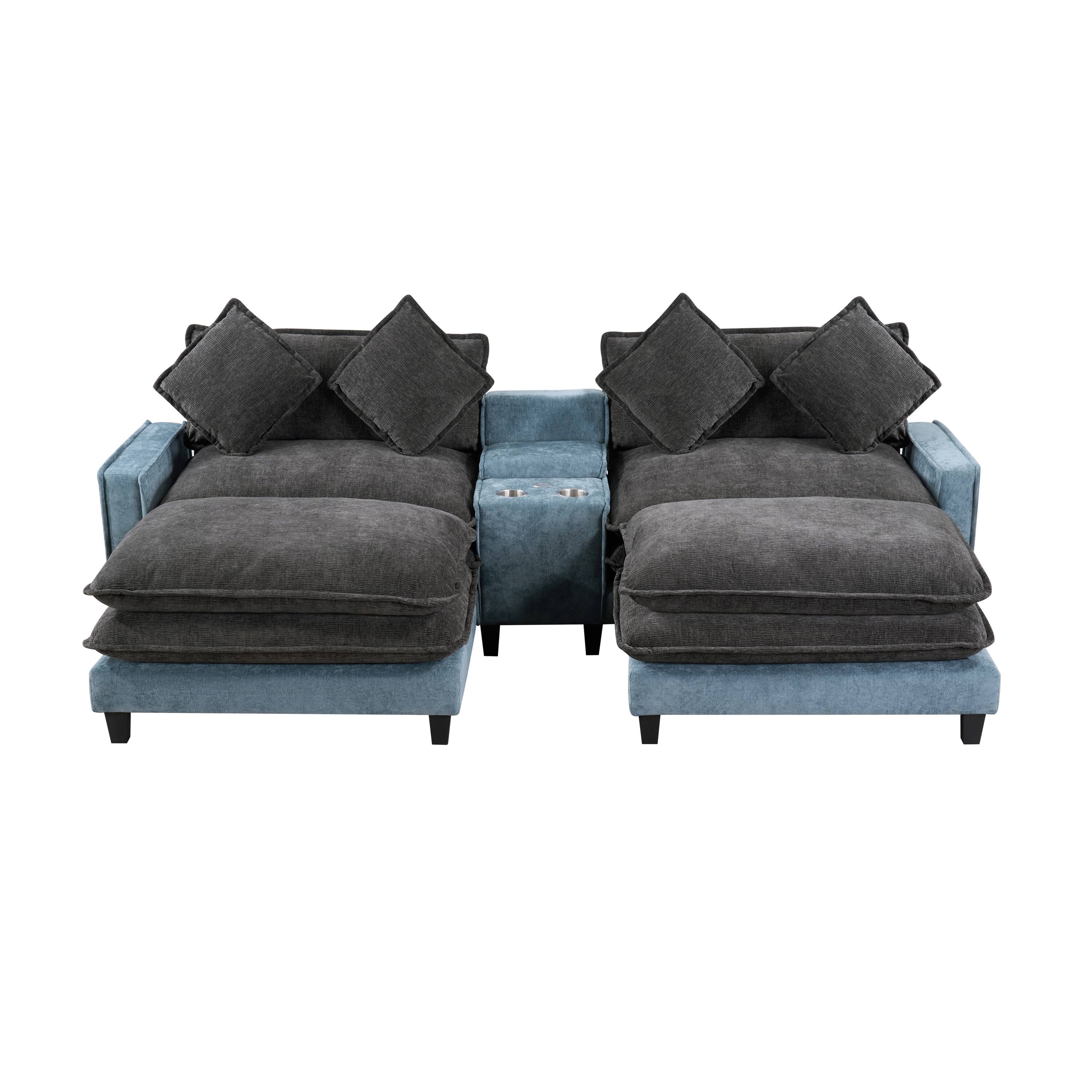 Back. Whisen - 111" Chenille Sectional Sofa with Ottomans and Large Storage Box for Living Room - Light Blue|Grey.
