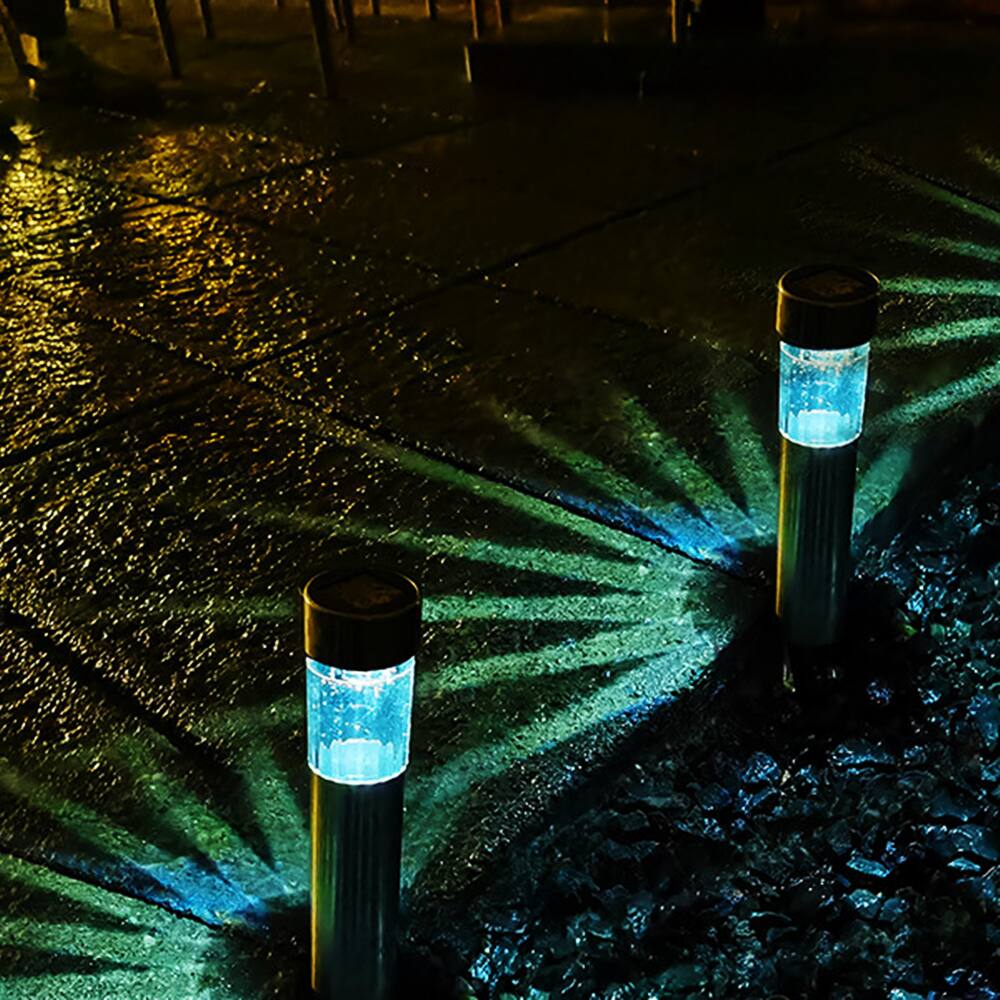 Alt View 1. Oumilen - 12-Pack Stainless Steel Cylinder Solar Stake Lights Warm White LED Outdoor Garden Lights.