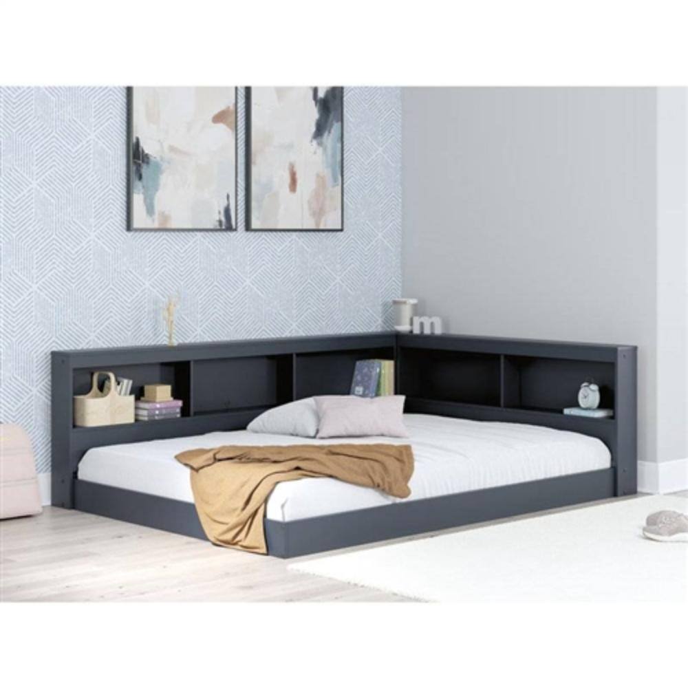 Angle. Hivvago - Full size Blue Wooden Corner Storage Bed with Bookcase Headboard and USB Ports - Blue.