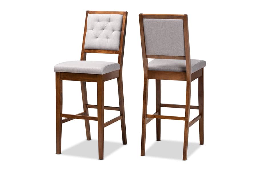 Baxton Studio - Gideon Modern and Contemporary Fabric Upholstered and Walnut Brown Finished 2-Piece Bar Stool Set - Grey/Walnut Brown